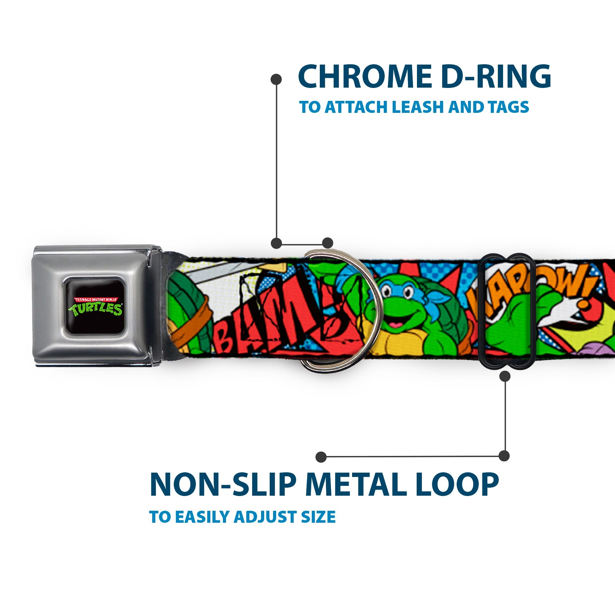 Classic TMNT Logo Full Color Seatbelt Buckle Collar - Classic Teenage Mutant Ninja Turtles Action Poses/Action Bubbles Dots Blues