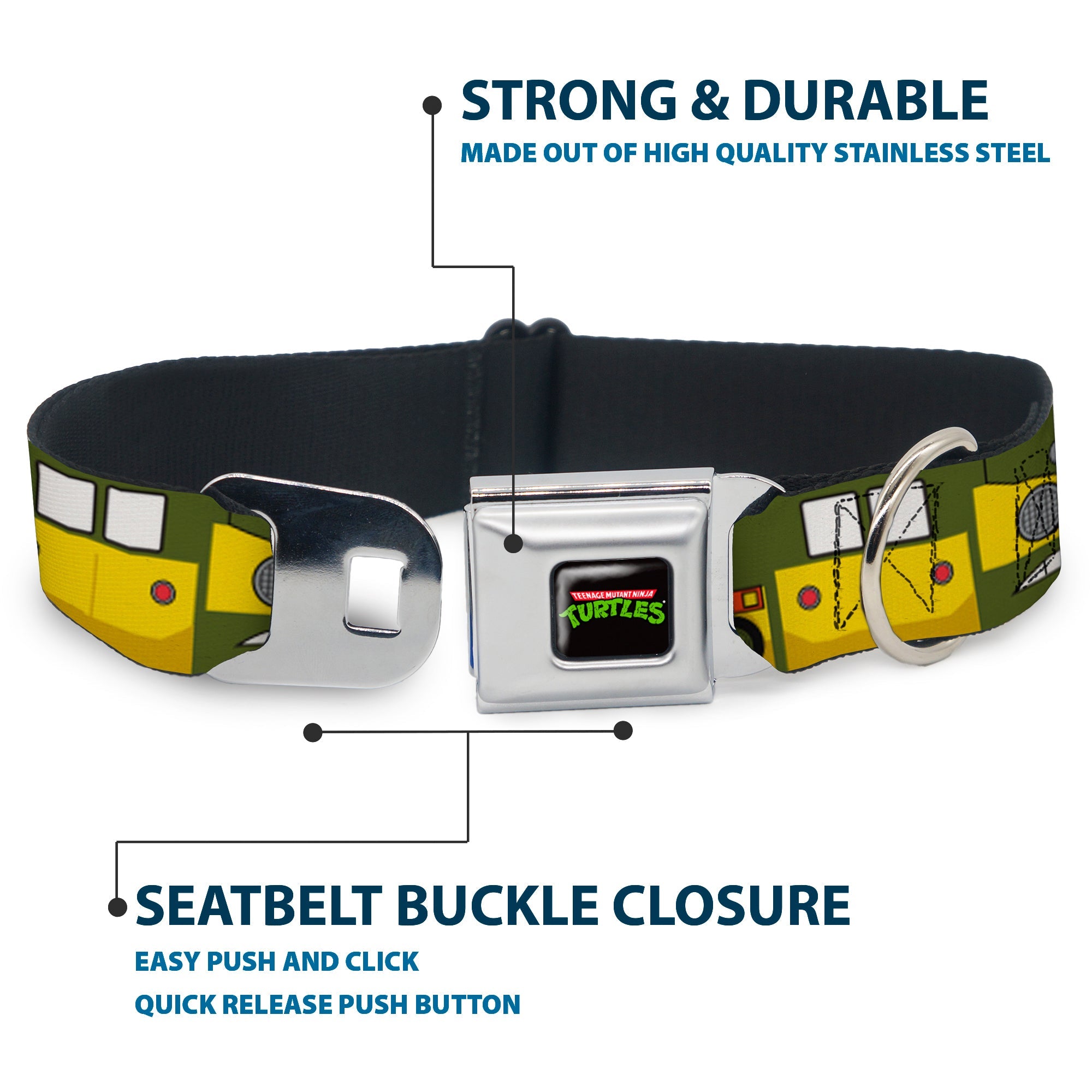 Classic TEENAGE MUTANT NINJA TURTLES Logo Full Color Seatbelt Buckle Collar - Classic TMNT Ninja Turtles Party Van All Sides Green/Yellow/Orange