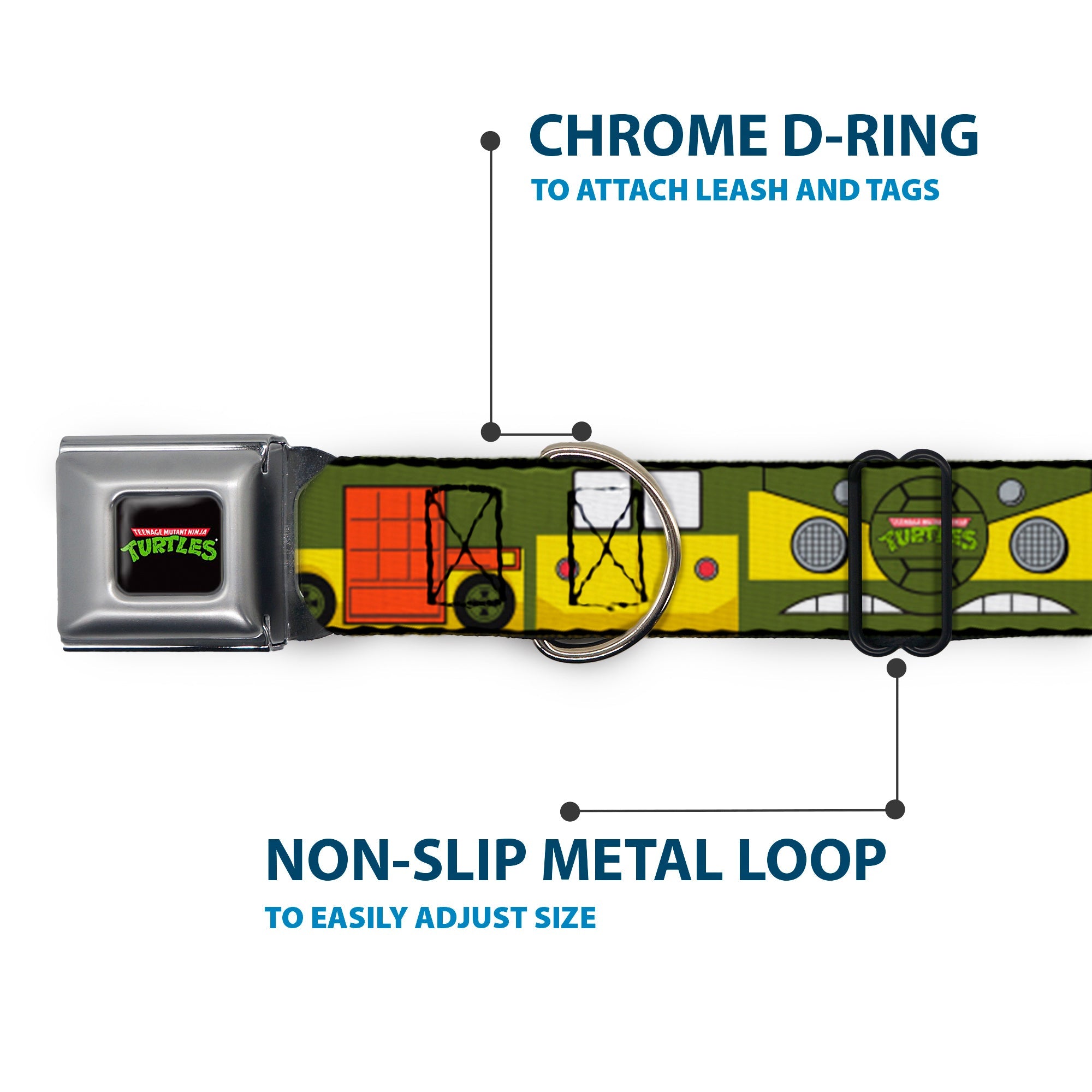 Classic TEENAGE MUTANT NINJA TURTLES Logo Full Color Seatbelt Buckle Collar - Classic TMNT Ninja Turtles Party Van All Sides Green/Yellow/Orange