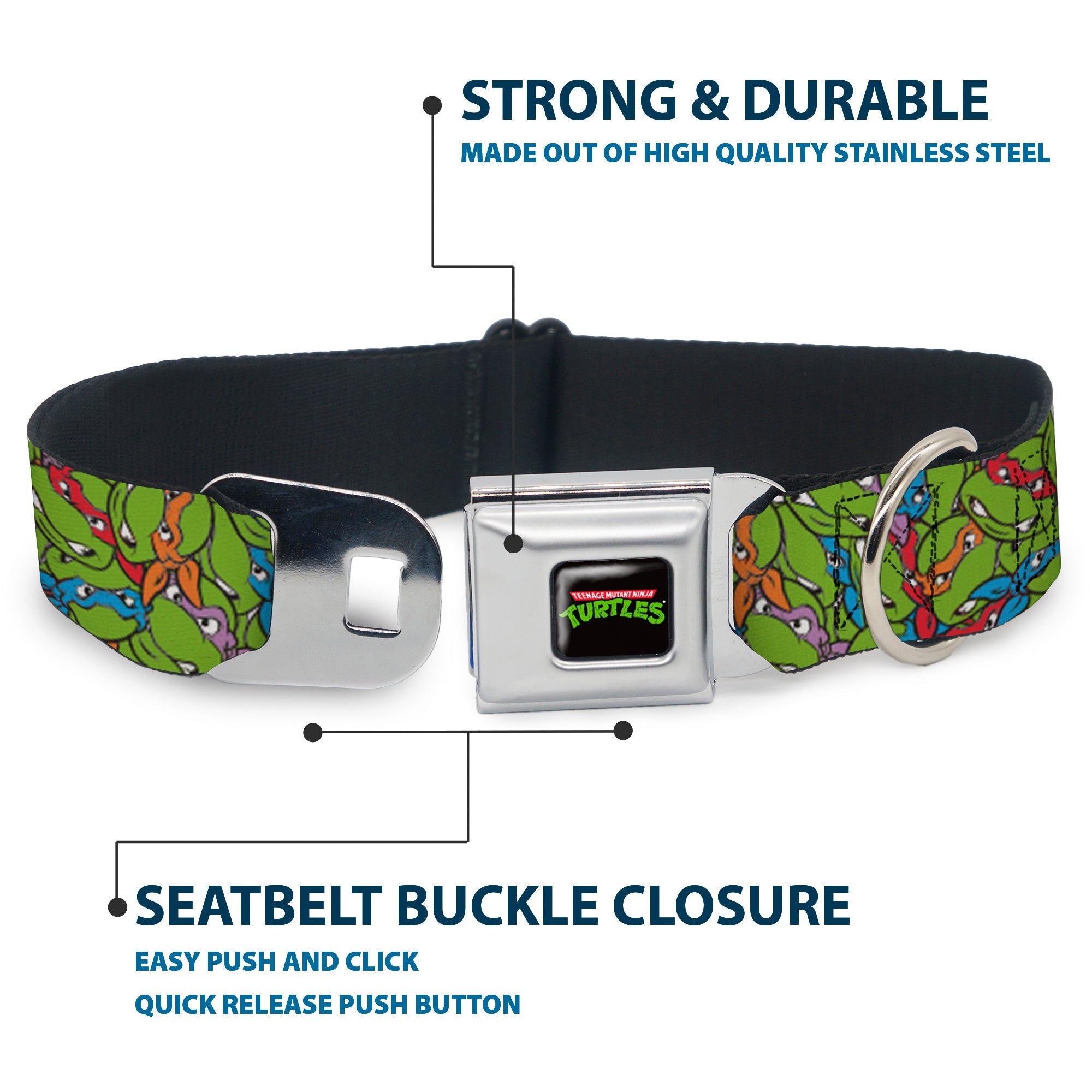Classic TEENAGE MUTANT NINJA TURTLES Logo Seatbelt Buckle Collar - Teenage Mutant Ninja Turtles Faces Stacked Green/Multi Color