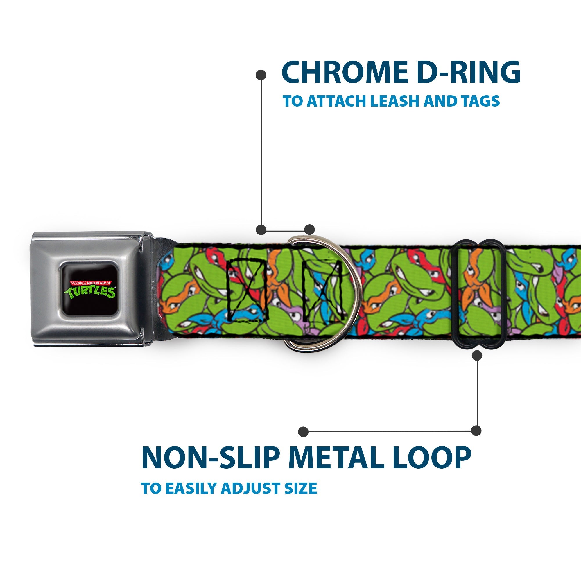 Classic TEENAGE MUTANT NINJA TURTLES Logo Seatbelt Buckle Collar - Teenage Mutant Ninja Turtles Faces Stacked Green/Multi Color