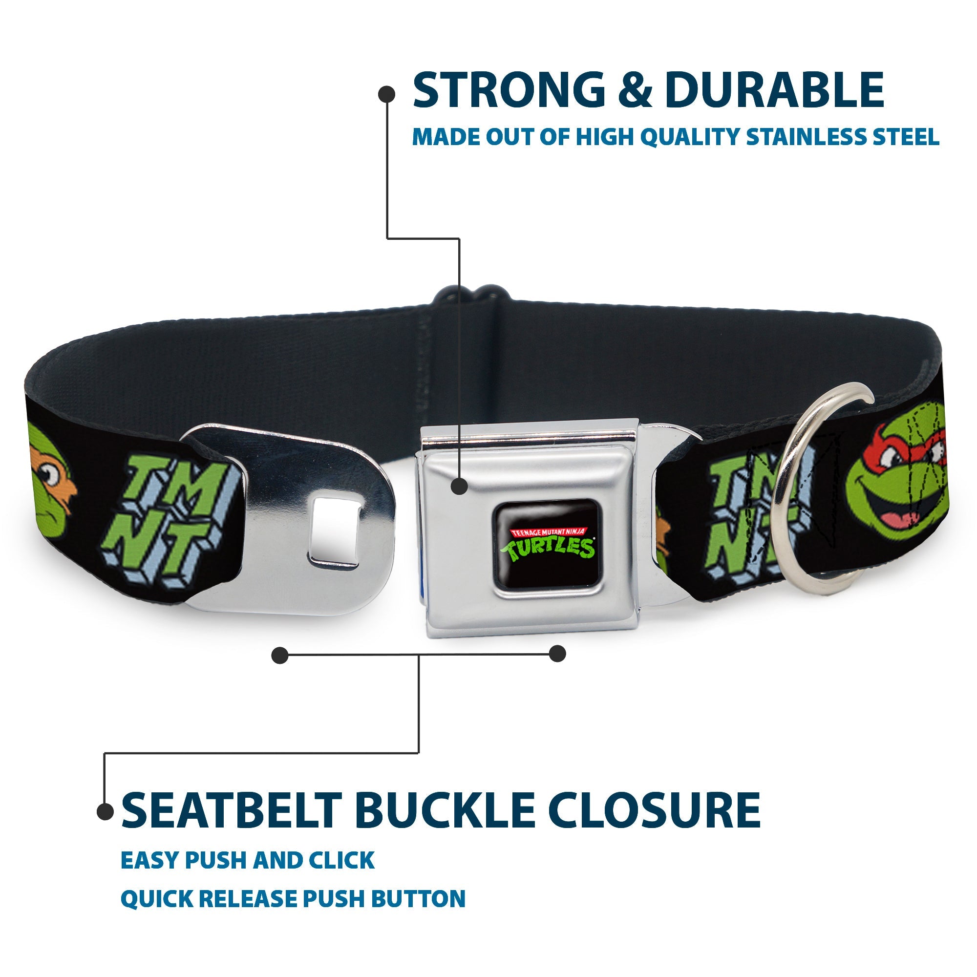Classic TEENAGE MUTANT NINJA TURTLES Logo Seatbelt Buckle Collar - Teenage Mutant Ninja Turtles Faces and Icons Black/Multi Color