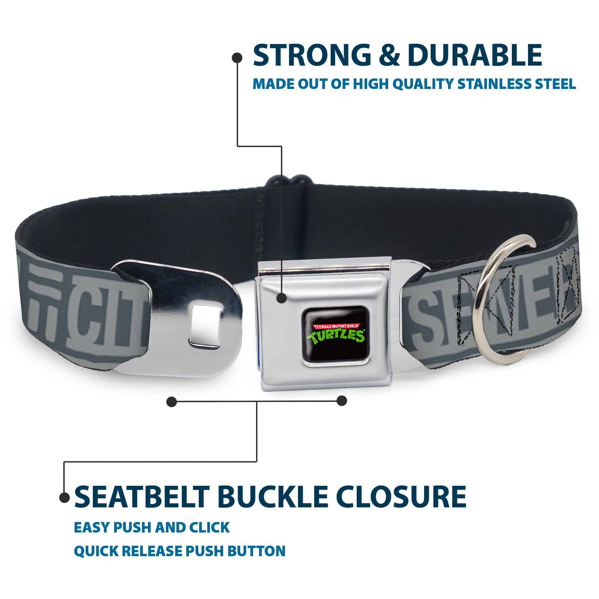 Classic TEENAGE MUTANT NINJA TURTLES Logo Seatbelt Buckle Collar - TEENAGE MUTANT NINJA TURTLES CITY SEWER Title Logo Grays