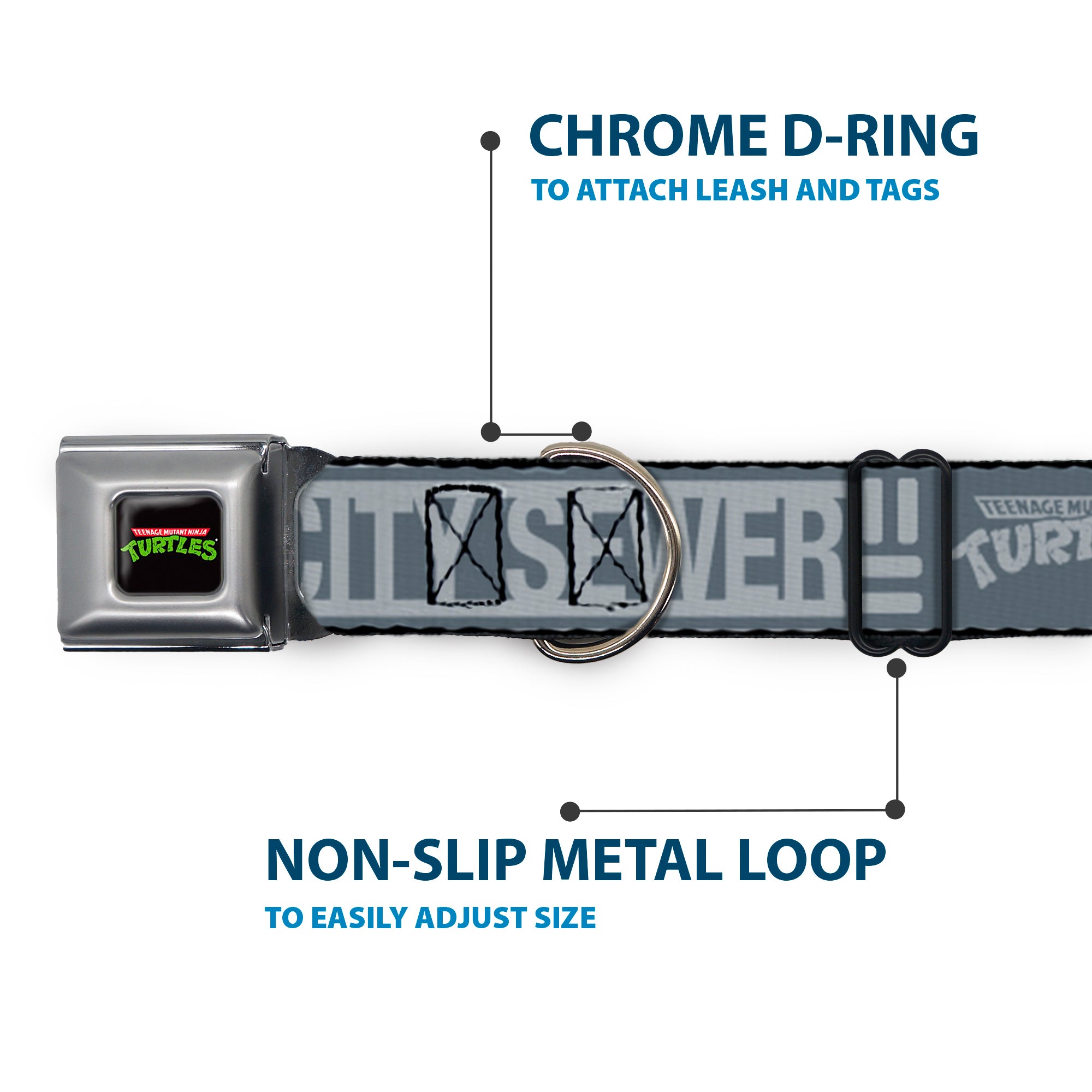 Classic TEENAGE MUTANT NINJA TURTLES Logo Seatbelt Buckle Collar - TEENAGE MUTANT NINJA TURTLES CITY SEWER Title Logo Grays
