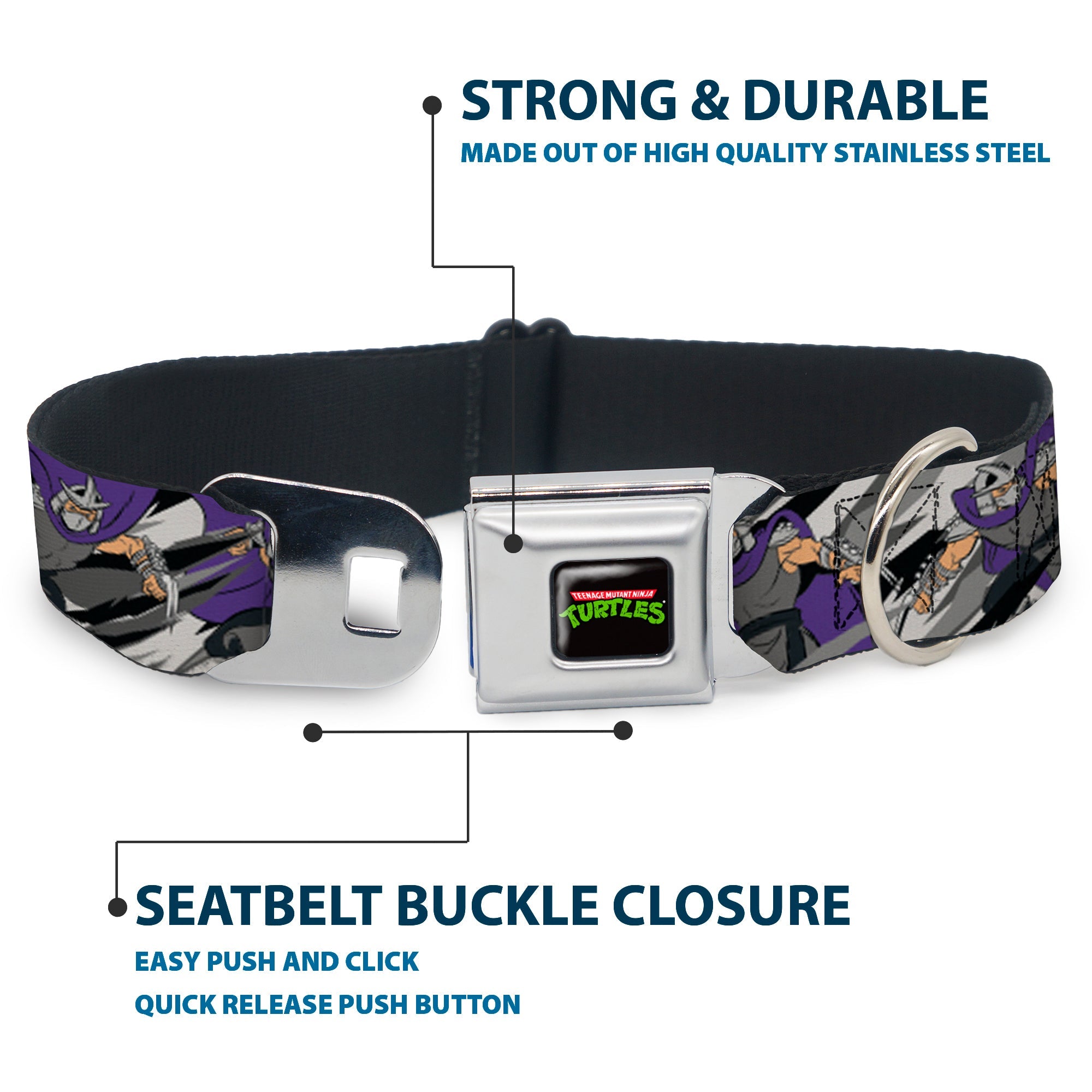 Classic TEENAGE MUTANT NINJA TURTLES Logo Seatbelt Buckle Collar - Teenage Mutant Ninja Turtles Shredder Action Poses Grays/Purple
