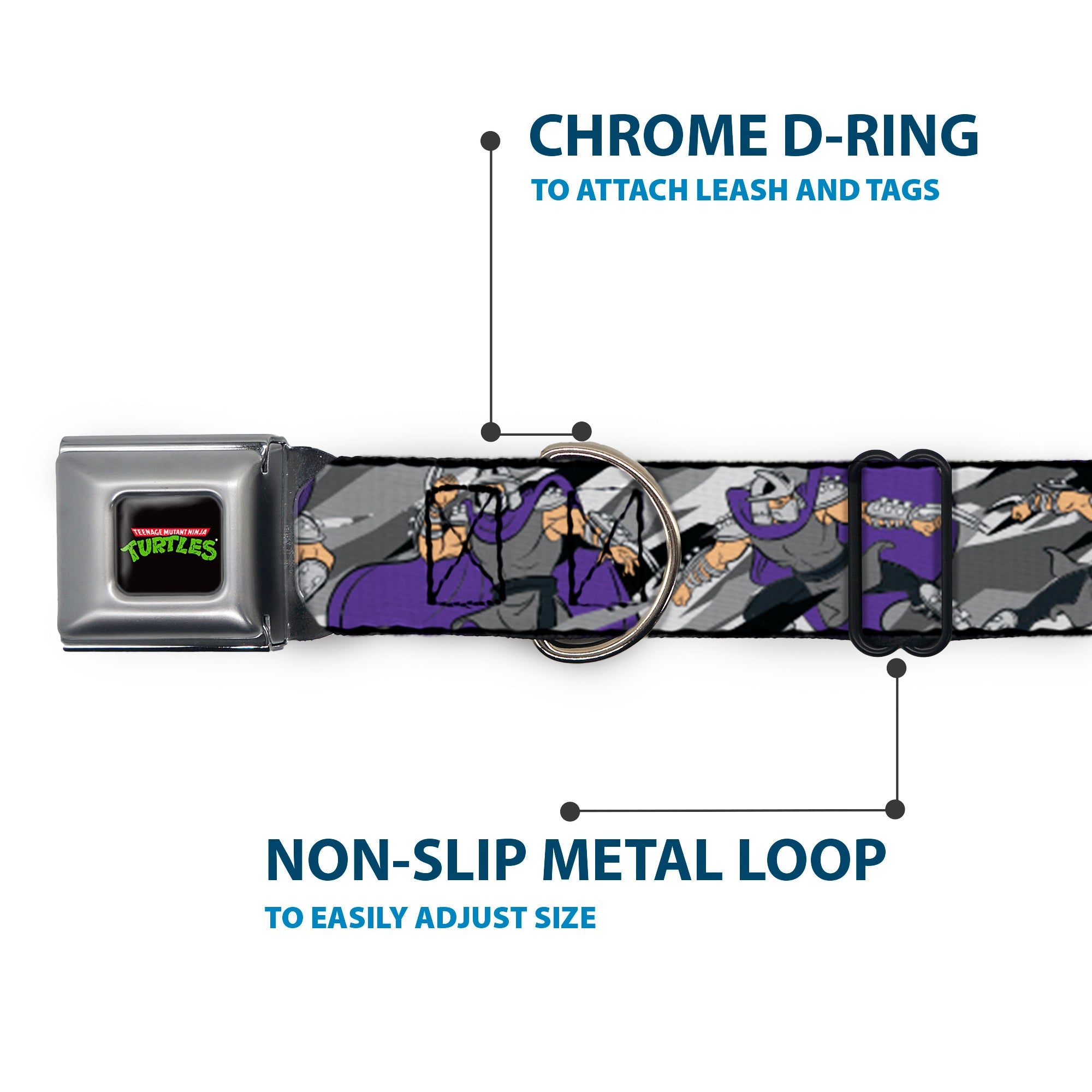 Classic TEENAGE MUTANT NINJA TURTLES Logo Seatbelt Buckle Collar - Teenage Mutant Ninja Turtles Shredder Action Poses Grays/Purple