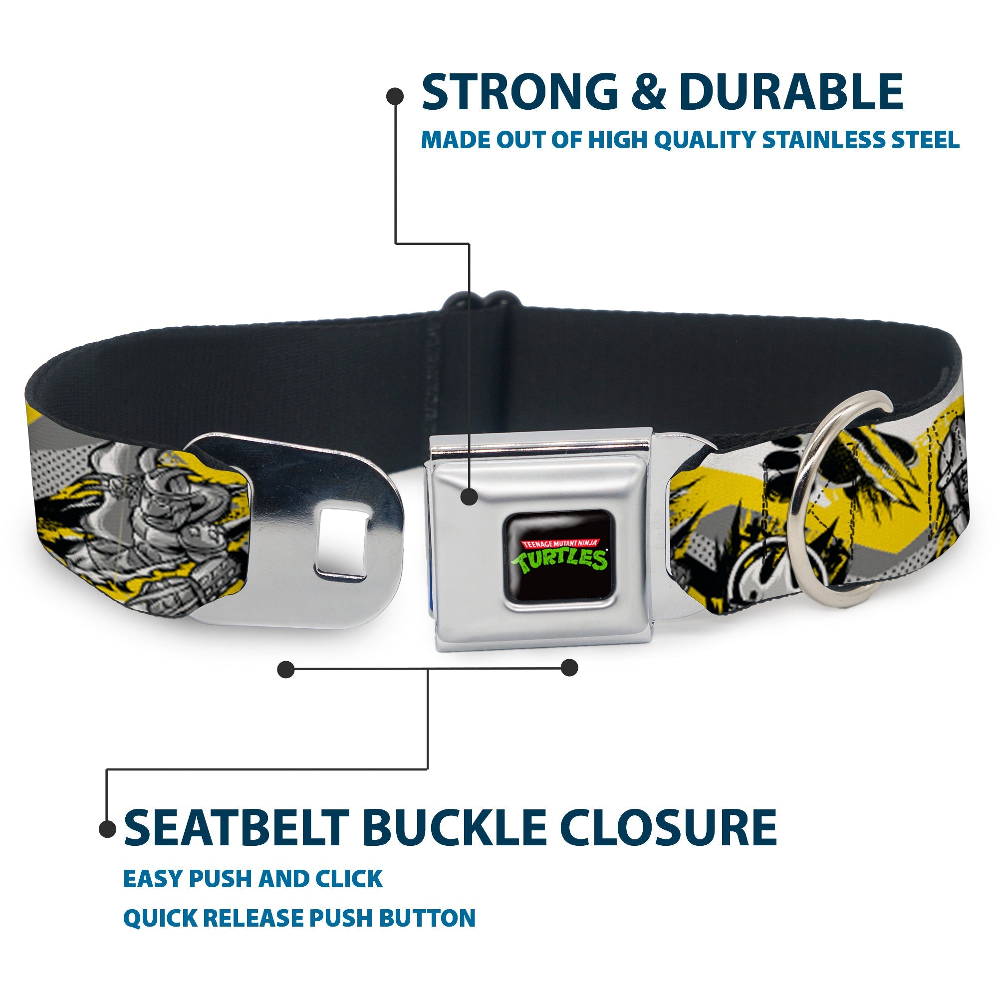 Classic TEENAGE MUTANT NINJA TURTLES Logo Seatbelt Buckle Collar - Teenage Mutant Ninja Turtles Shredder Pose and Icons Grays/Yellow
