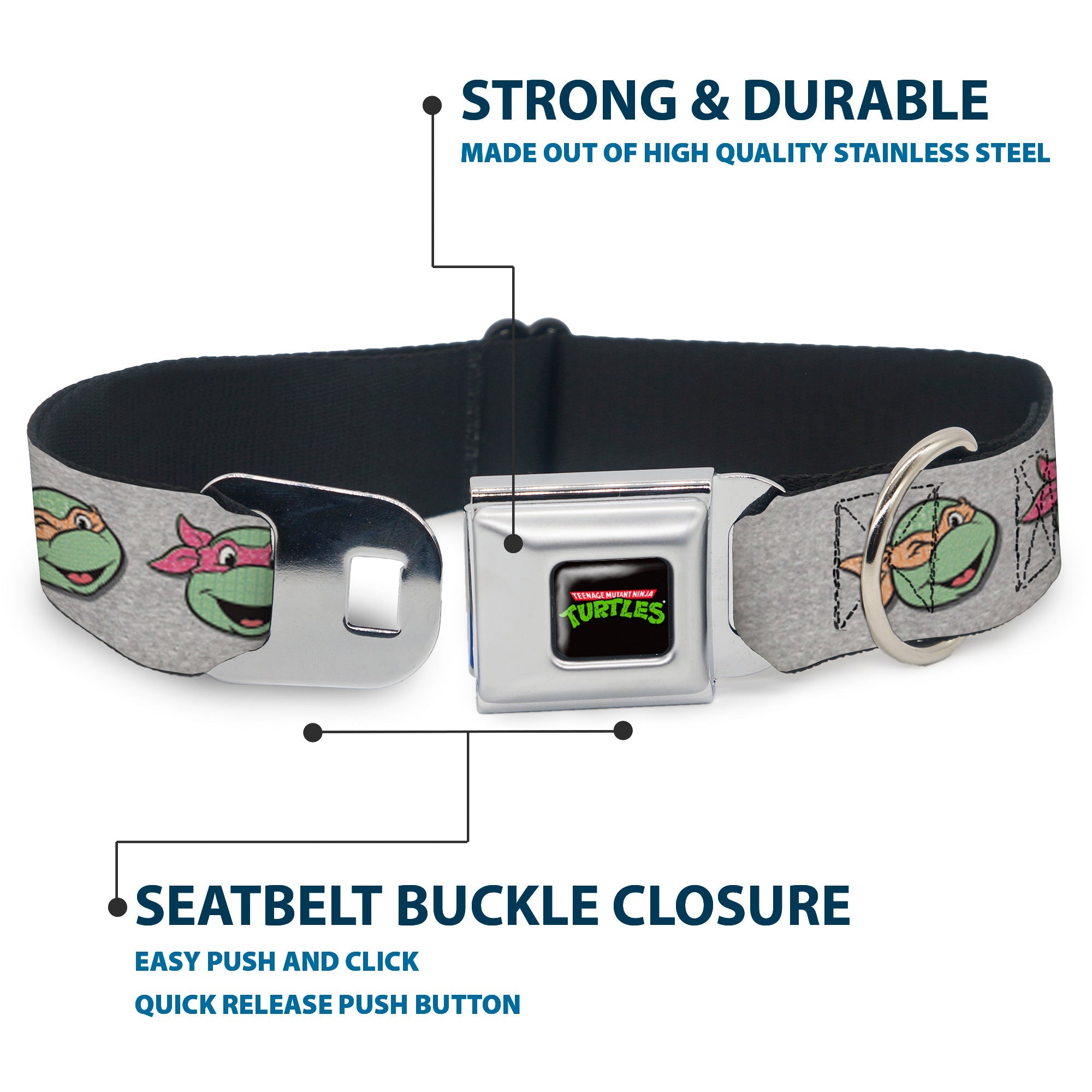 Classic TEENAGE MUTANT NINJA TURTLES Logo Seatbelt Buckle Collar - Teenage Mutant Ninja Turtles Expressions Gray