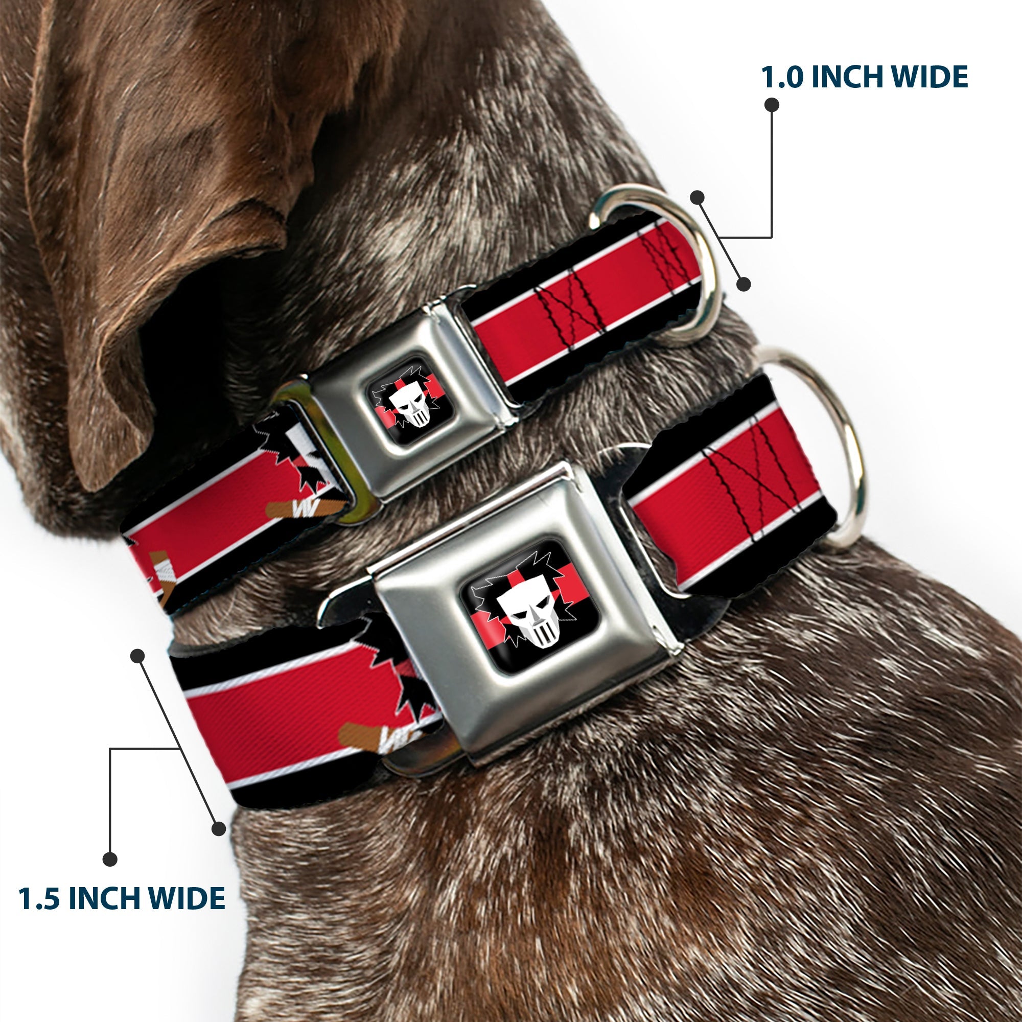 Casey Jones Head/Stripe Black/Red/White Seatbelt Buckle Collar - Casey Jones Baseball & Hockey Stick CLOSE-UP Stripe Black/White/Red