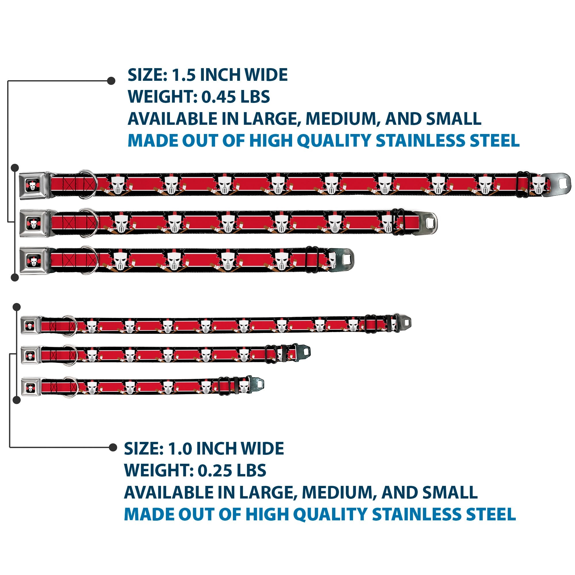 Casey Jones Head/Stripe Black/Red/White Seatbelt Buckle Collar - Casey Jones Baseball & Hockey Stick CLOSE-UP Stripe Black/White/Red