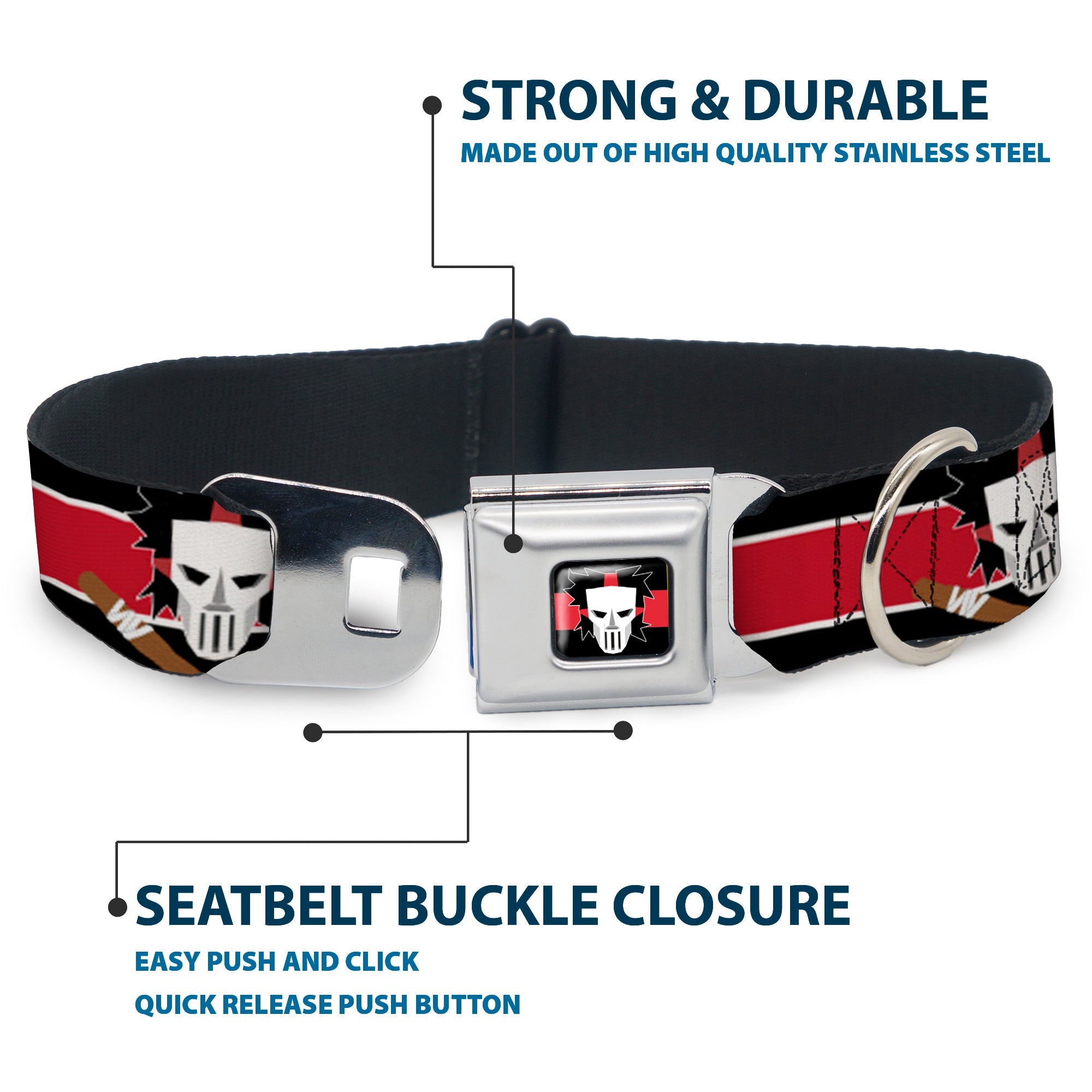 Casey Jones Head/Stripe Black/Red/White Seatbelt Buckle Collar - Casey Jones Baseball & Hockey Stick CLOSE-UP Stripe Black/White/Red