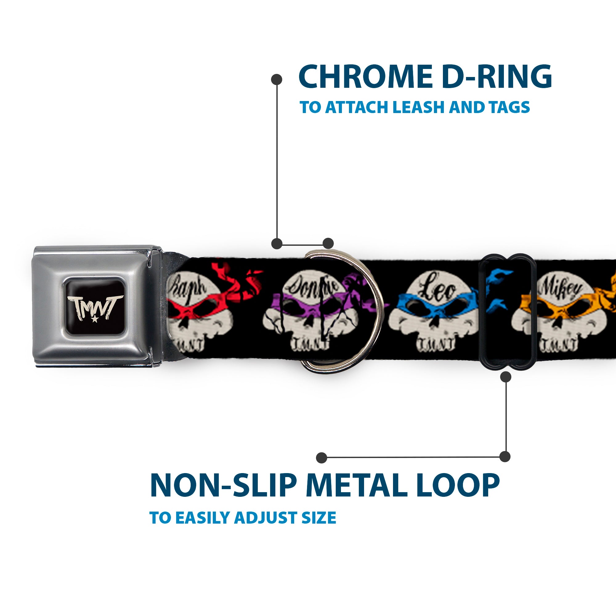 Road Rebel TMNT Logo Black/Gray Seatbelt Buckle Collar - TMNT 4-Turtle Road Rebel Skulls Black