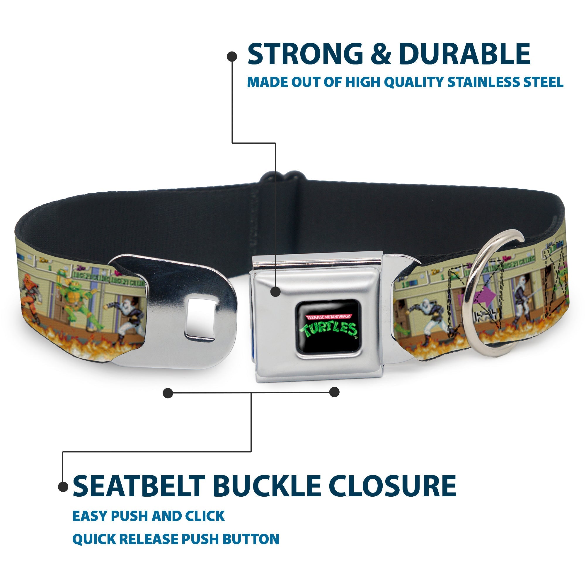 TEENAGE MUTANT NINJA TURTLES Logo Full Color Black Seatbelt Buckle Collar - Teenage Mutant Ninja Turtles Battle Foot Soldiers Ninjas Video Game Scene Tan