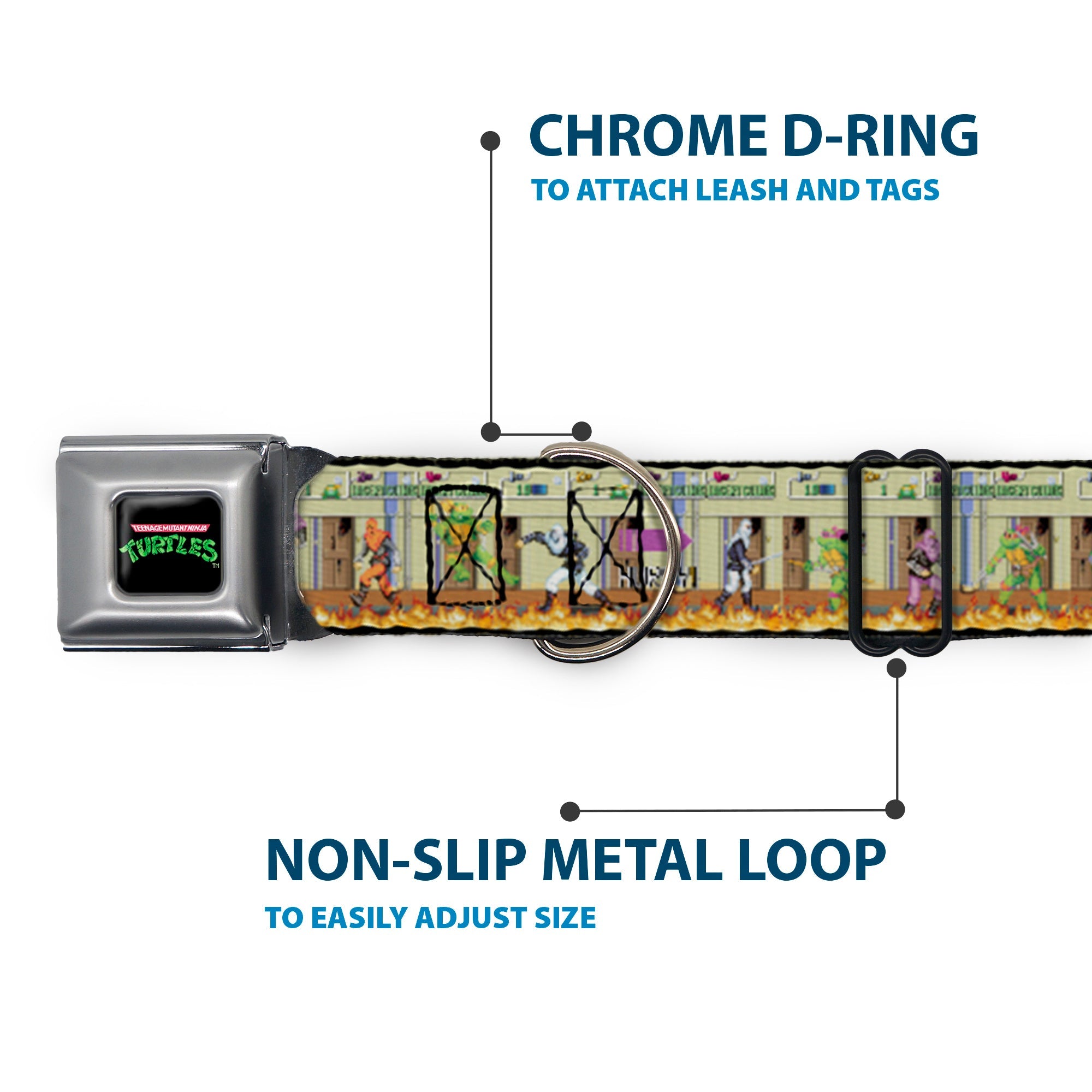 TEENAGE MUTANT NINJA TURTLES Logo Full Color Black Seatbelt Buckle Collar - Teenage Mutant Ninja Turtles Battle Foot Soldiers Ninjas Video Game Scene Tan