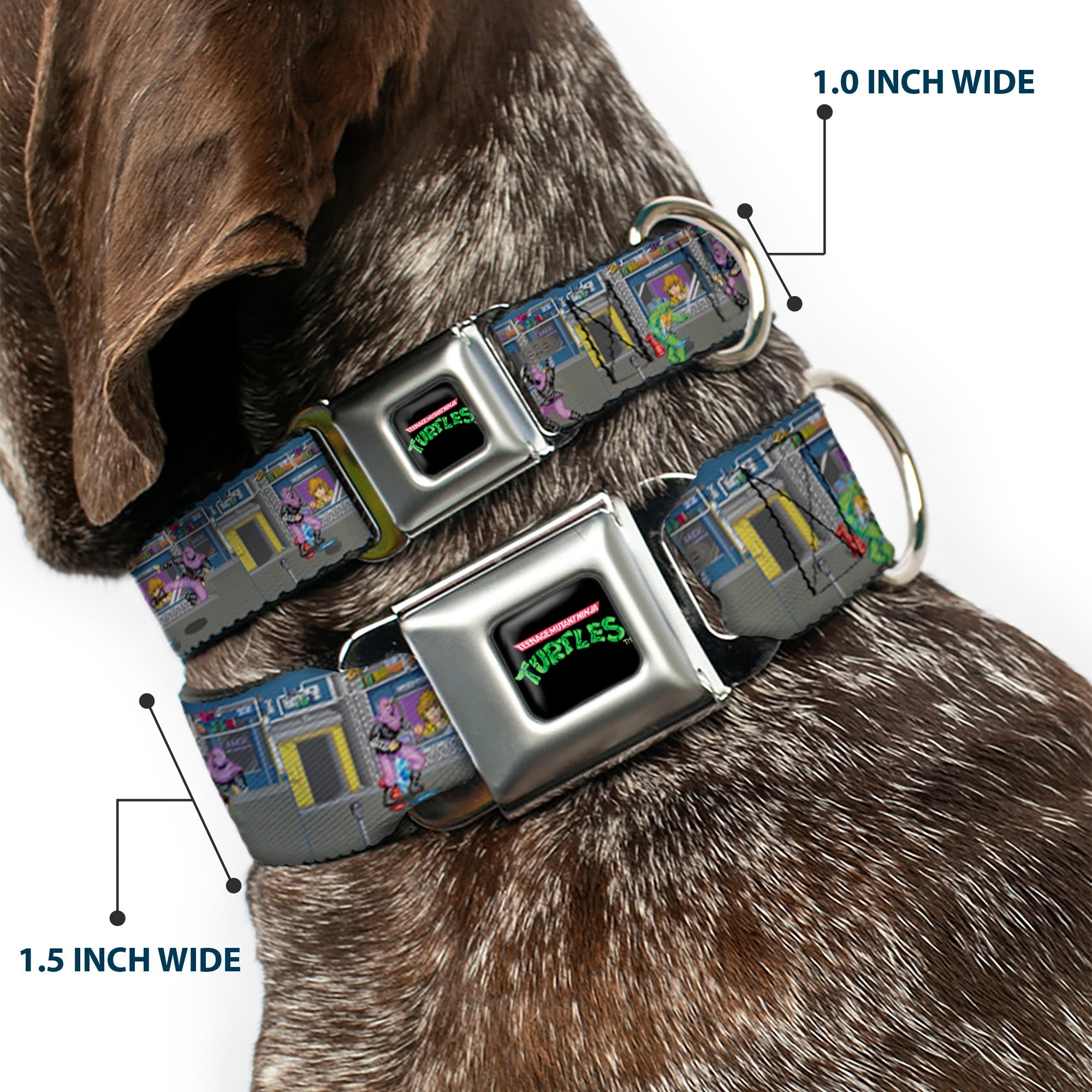 TEENAGE MUTANT NINJA TURTLES Logo Full Color Black Seatbelt Buckle Collar - Teenage Mutant Ninja Turtles Battle Purple Foot Soldier Ninja Video Game Scene Grays