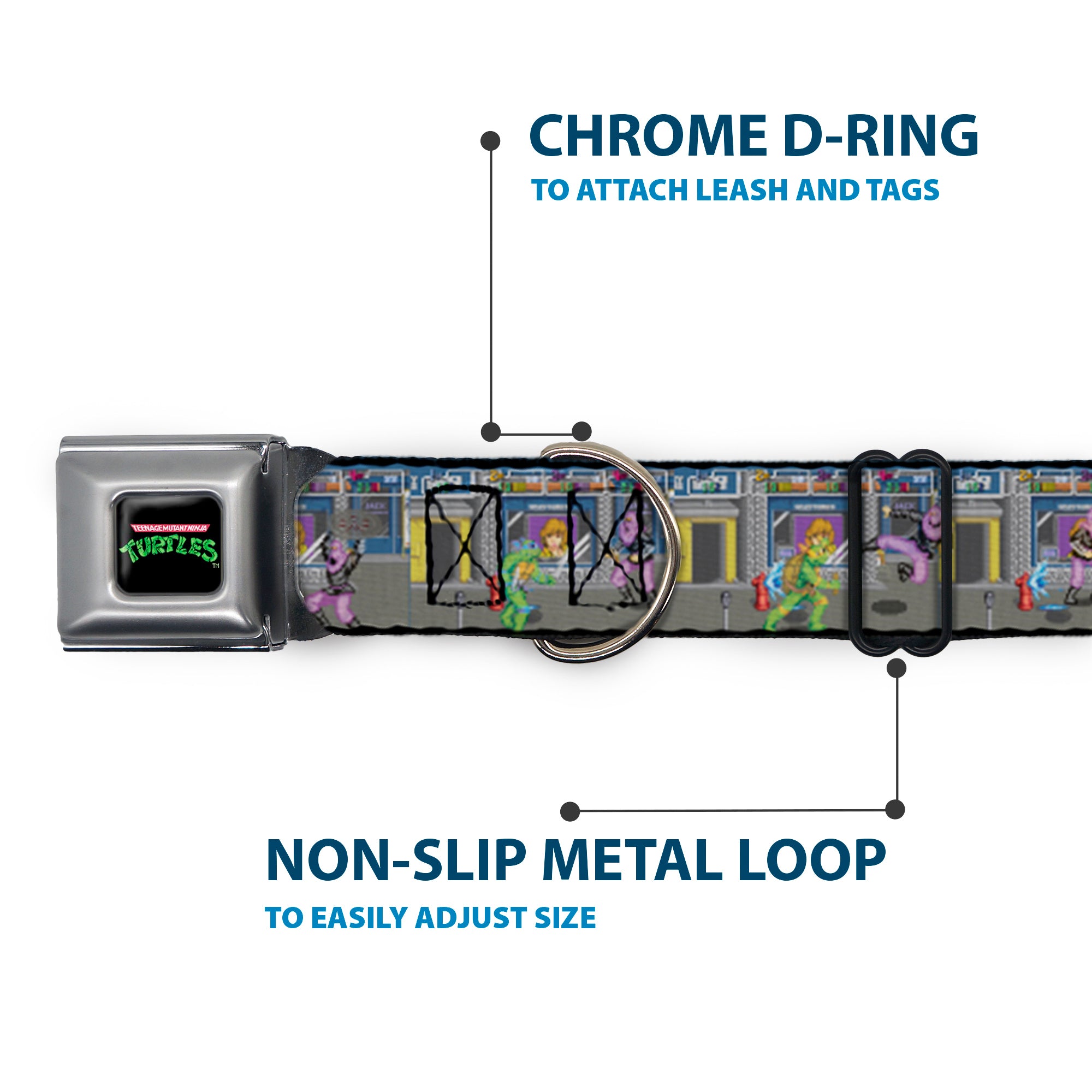 TEENAGE MUTANT NINJA TURTLES Logo Full Color Black Seatbelt Buckle Collar - Teenage Mutant Ninja Turtles Battle Purple Foot Soldier Ninja Video Game Scene Grays