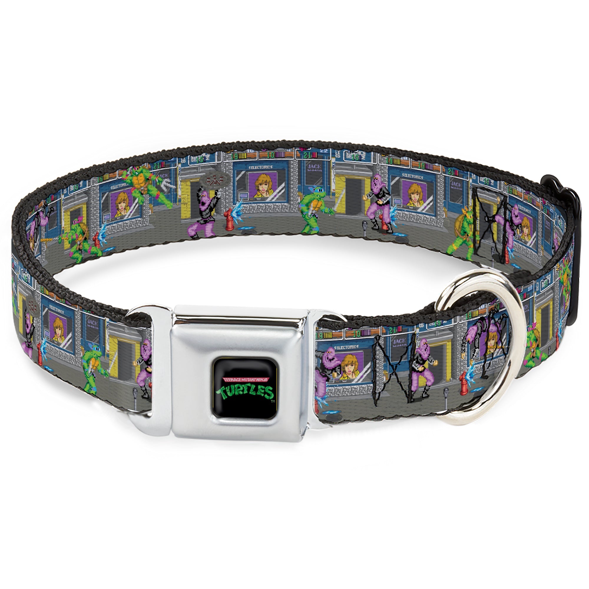 TEENAGE MUTANT NINJA TURTLES Logo Full Color Black Seatbelt Buckle Collar - Teenage Mutant Ninja Turtles Battle Purple Foot Soldier Ninja Video Game Scene Grays