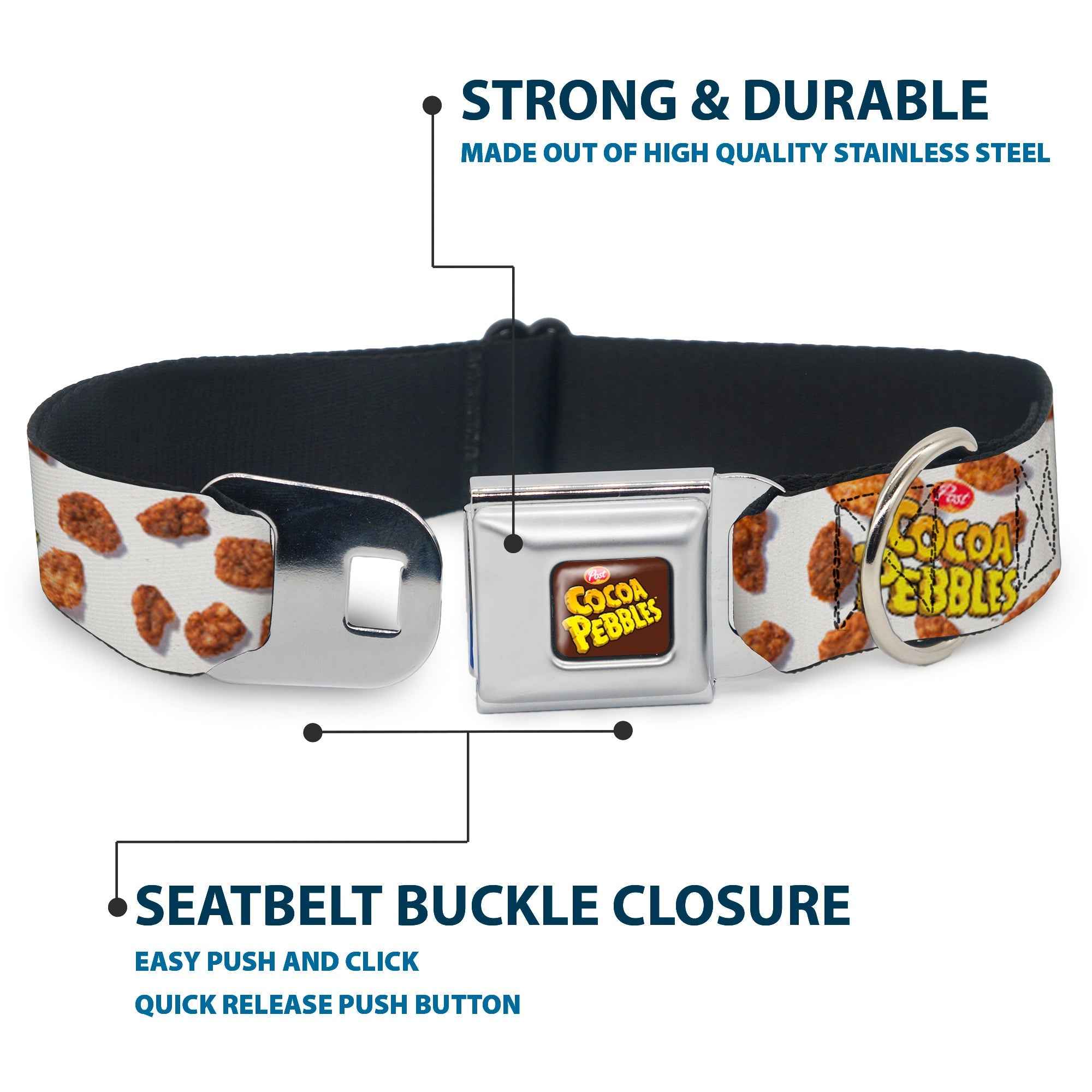 Buckle-Down Post Cocoa Pebbles Logo Brown/Yellows & and Cereal Pebbles Scattered White/Browns Seatbelt Buckle Dog Collar