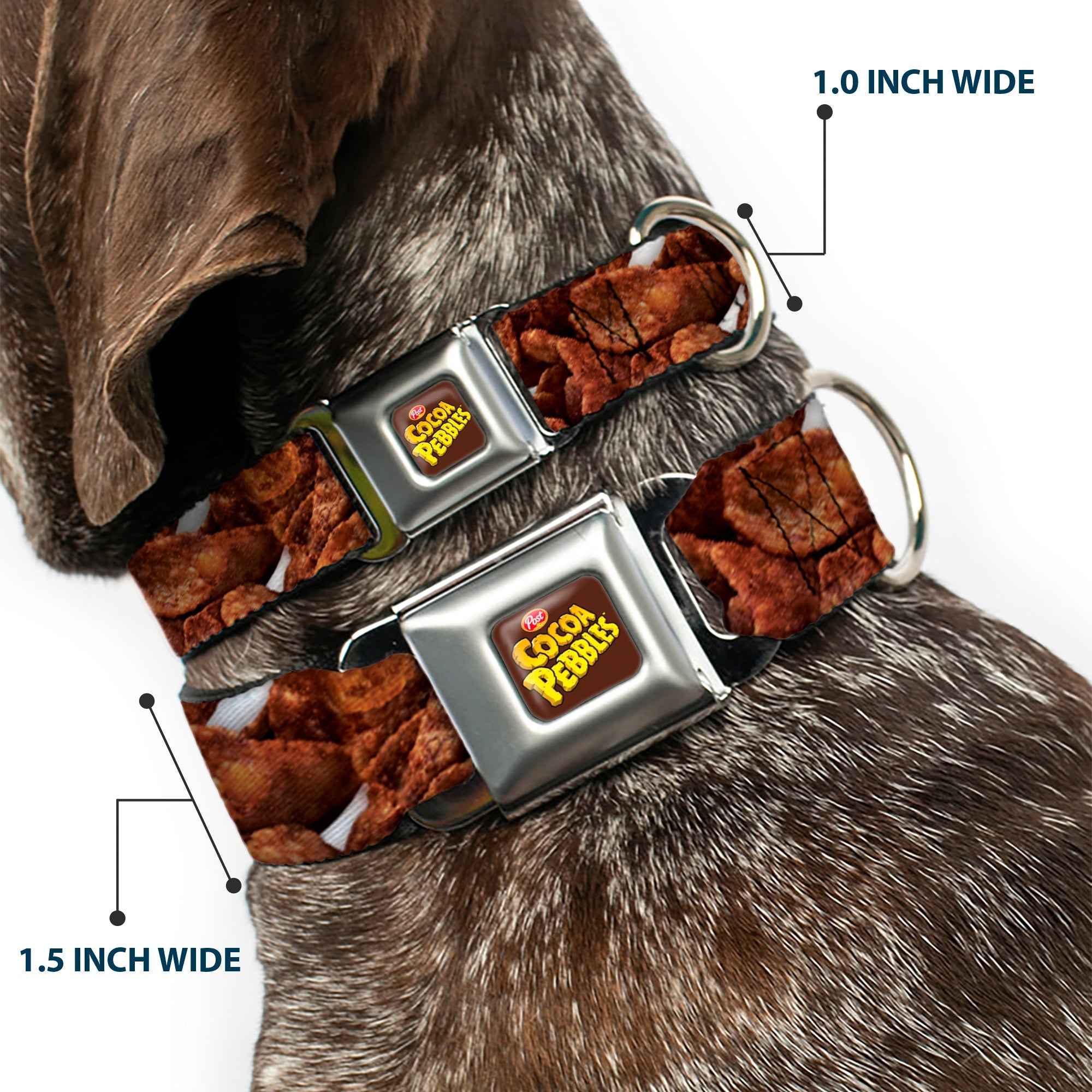 Buckle-Down Post Cocoa Pebbles Logo Full Color Brown/Yellows Seatbelt Buckle Dog Collar - Cocoa Pebbles Vivid Cereal Close-Up Browns