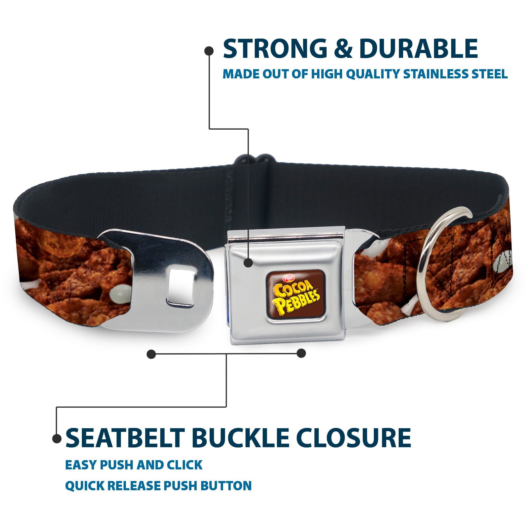 Buckle-Down Post Cocoa Pebbles Logo Full Color Brown/Yellows Seatbelt Buckle Dog Collar - Cocoa Pebbles Vivid Cereal Close-Up Browns