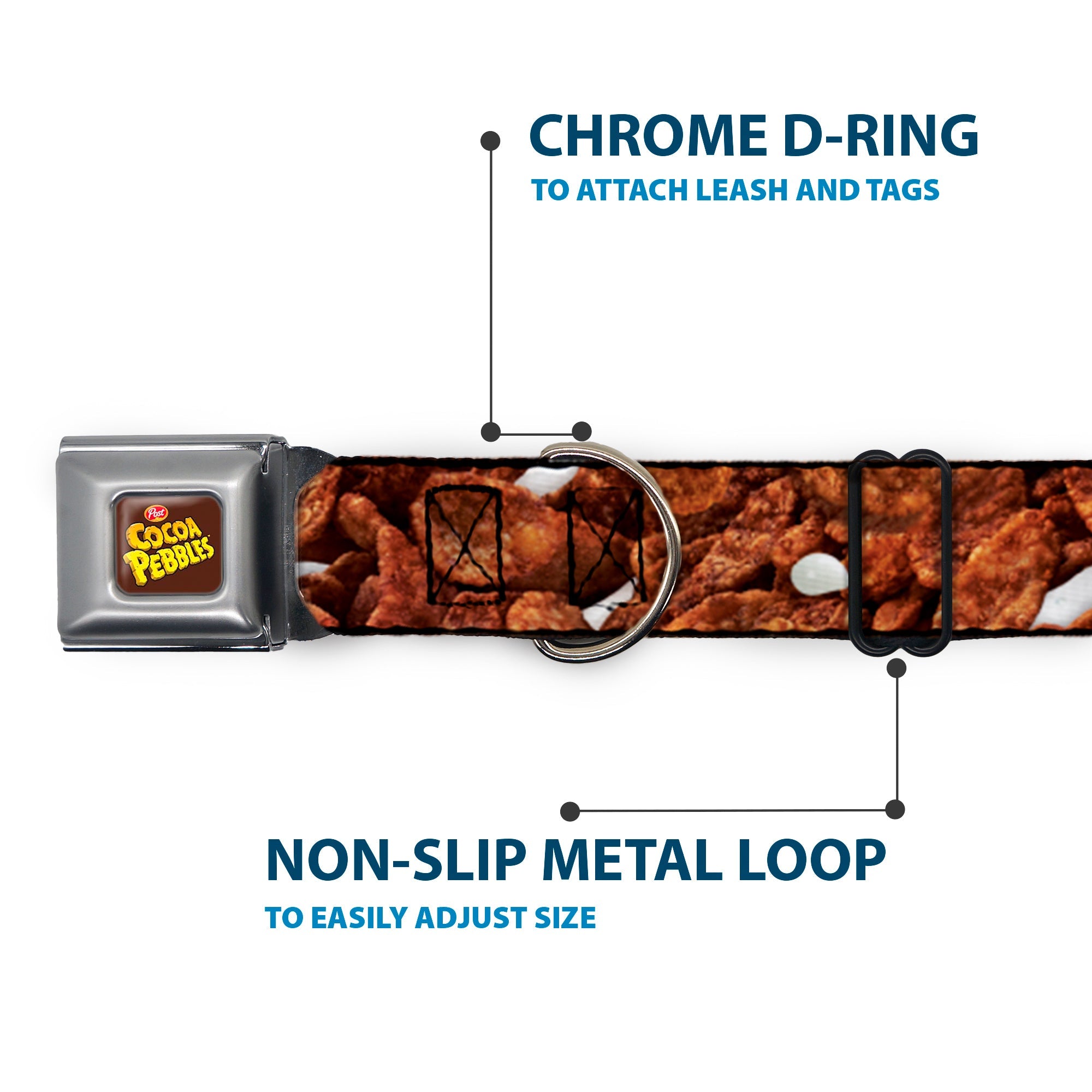 Buckle-Down Post Cocoa Pebbles Logo Full Color Brown/Yellows Seatbelt Buckle Dog Collar - Cocoa Pebbles Vivid Cereal Close-Up Browns