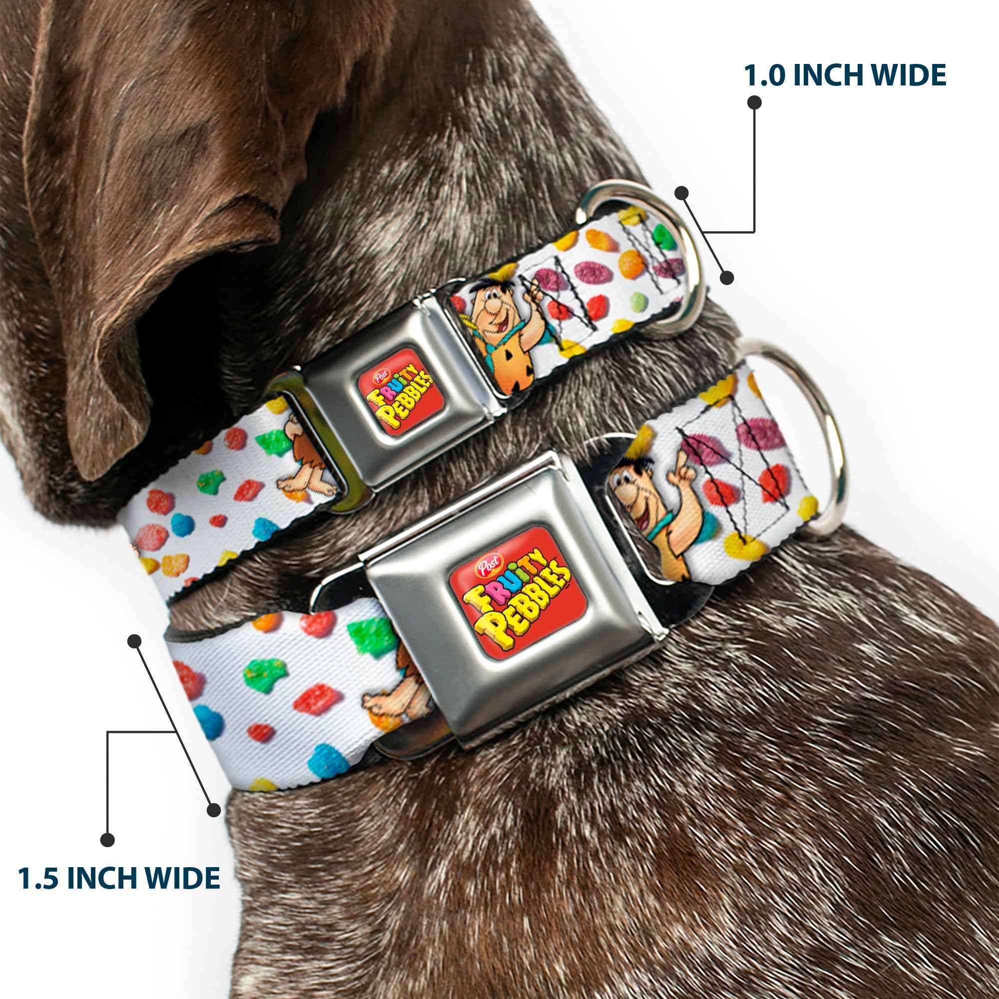 Buckle-Down Post Fruity Pebbles Logo Red/Multicolor & Fruity Pebbles Fred Flintstone and Barney Seatbelt Buckle Dog Collar