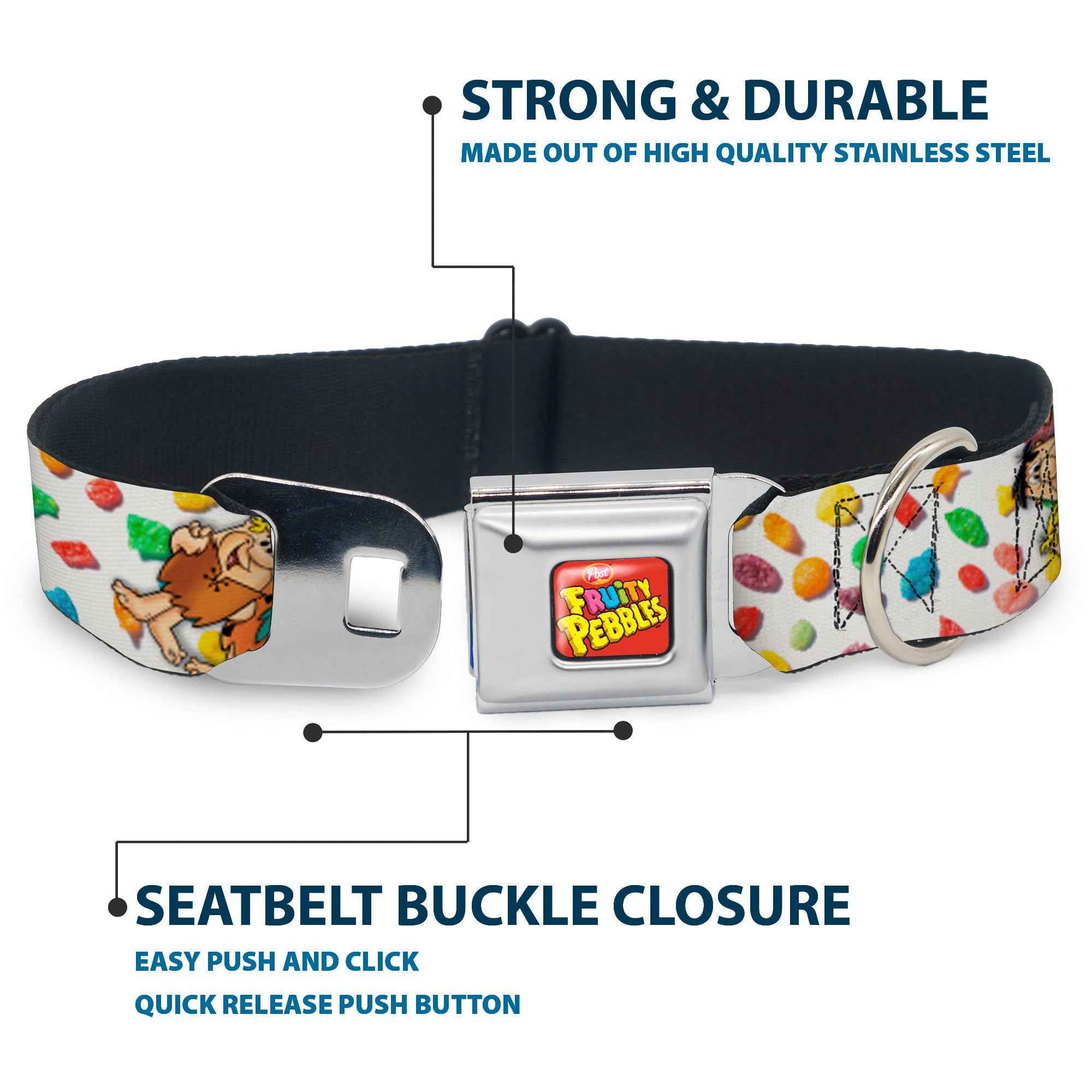 Buckle-Down Post Fruity Pebbles Logo Red/Multicolor & Fruity Pebbles Fred Flintstone and Barney Seatbelt Buckle Dog Collar