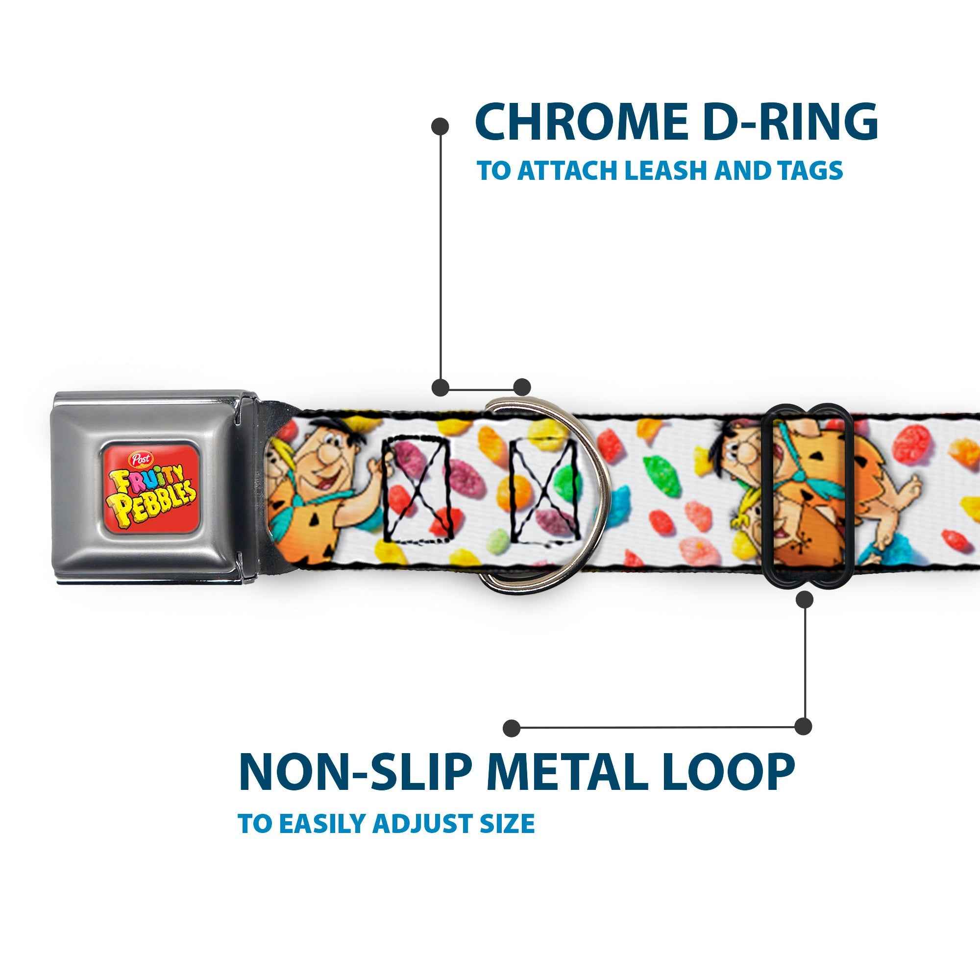 Buckle-Down Post Fruity Pebbles Logo Red/Multicolor & Fruity Pebbles Fred Flintstone and Barney Seatbelt Buckle Dog Collar