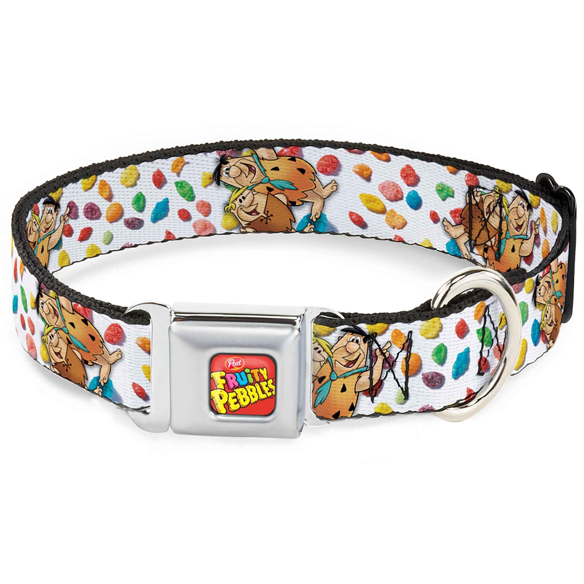 Buckle-Down Post Fruity Pebbles Logo Red/Multicolor & Fruity Pebbles Fred Flintstone and Barney Seatbelt Buckle Dog Collar