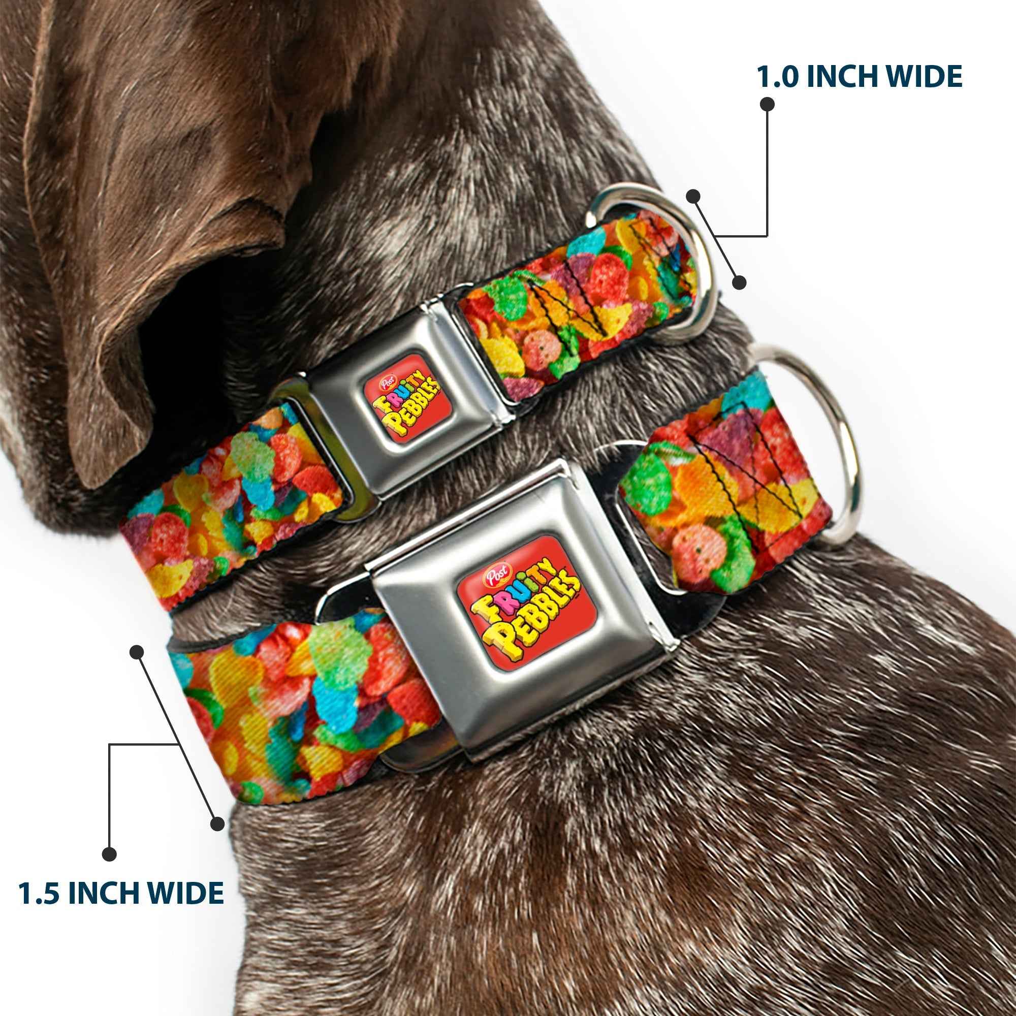 Buckle-Down Post Fruity Pebbles Logo Full Color Red/Multicolor Seatbelt Buckle Dog Collar - Fruity Pebbles Vivid Cereal Close-Up Multicolor