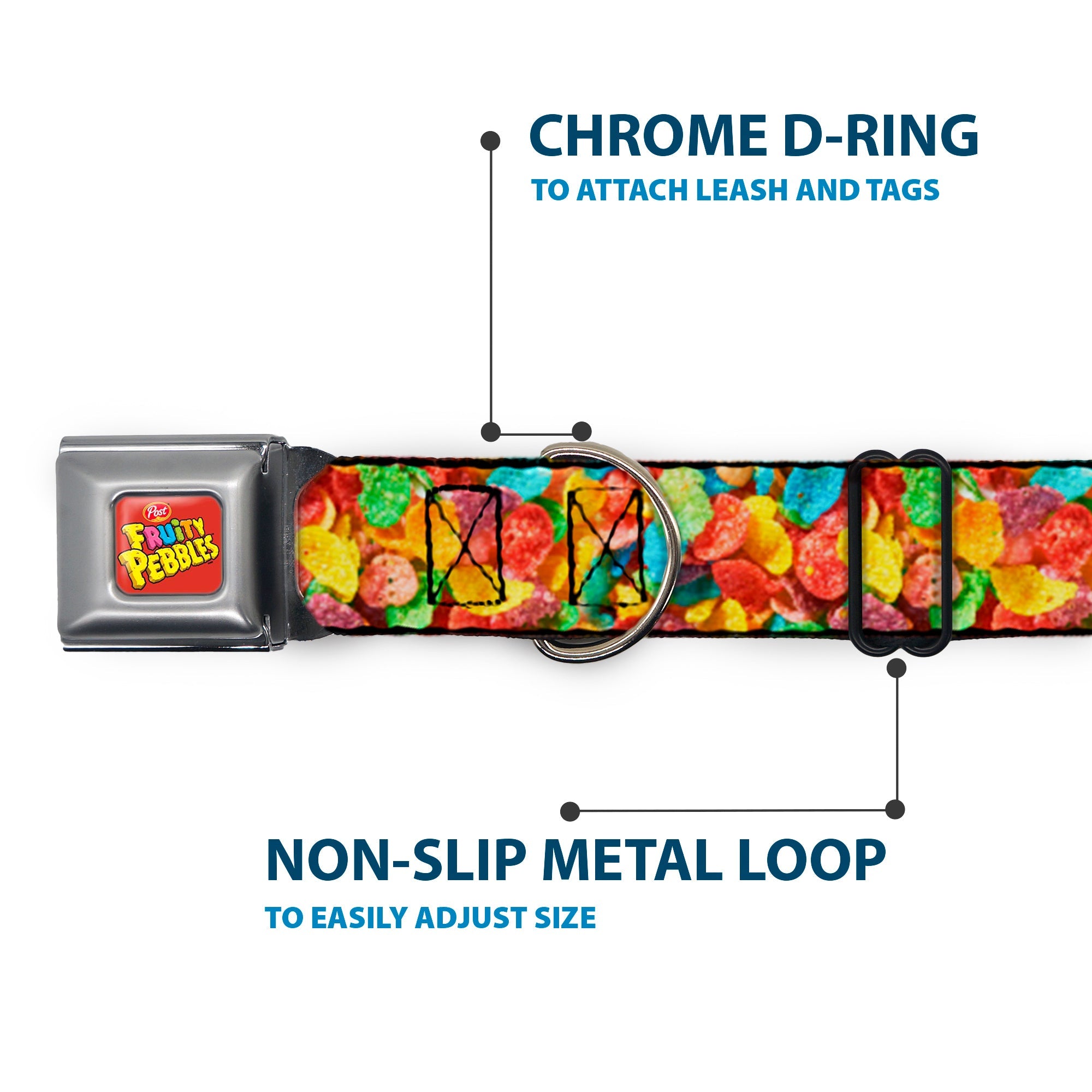 Buckle-Down Post Fruity Pebbles Logo Full Color Red/Multicolor Seatbelt Buckle Dog Collar - Fruity Pebbles Vivid Cereal Close-Up Multicolor