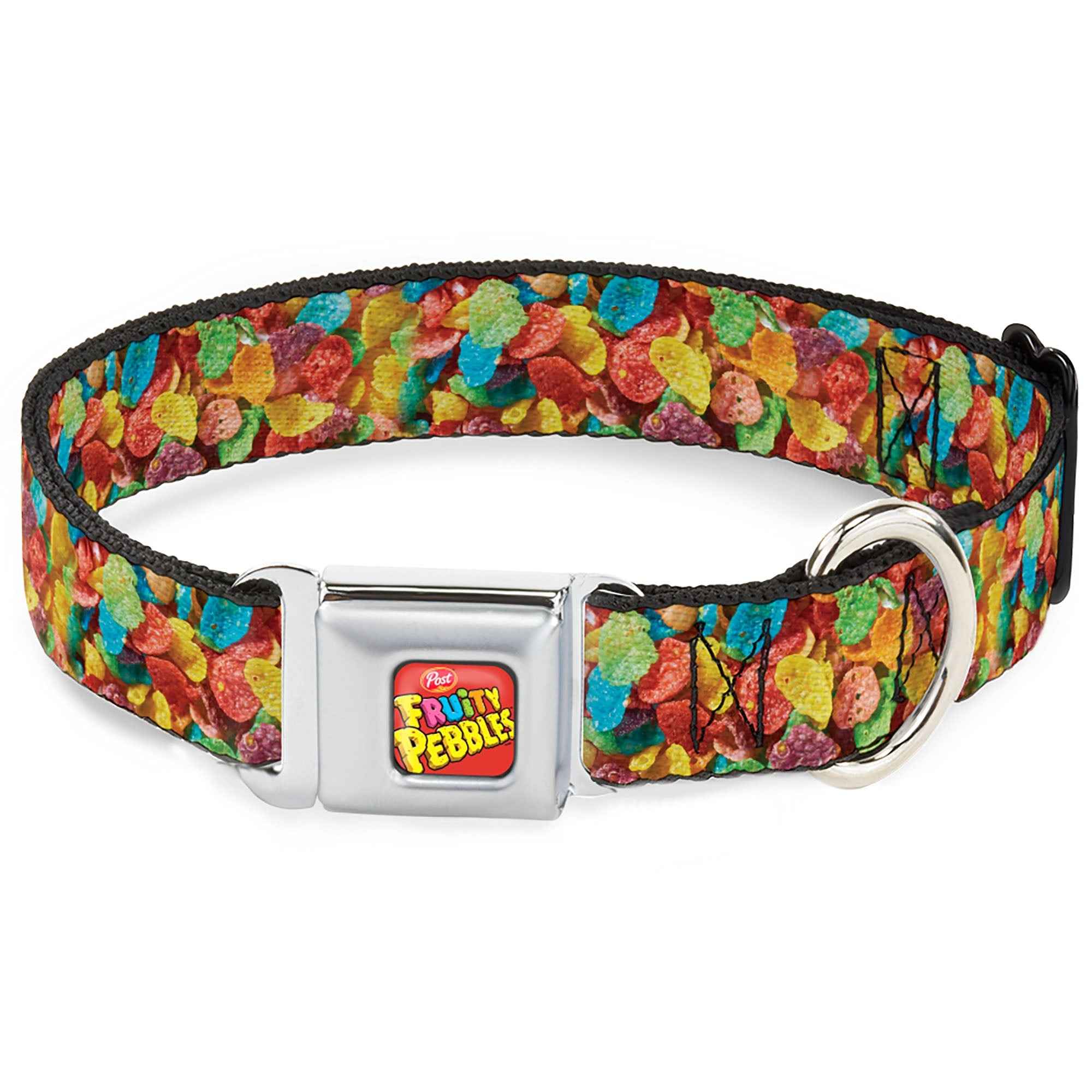 Buckle-Down Post Fruity Pebbles Logo Full Color Red/Multicolor Seatbelt Buckle Dog Collar - Fruity Pebbles Vivid Cereal Close-Up Multicolor