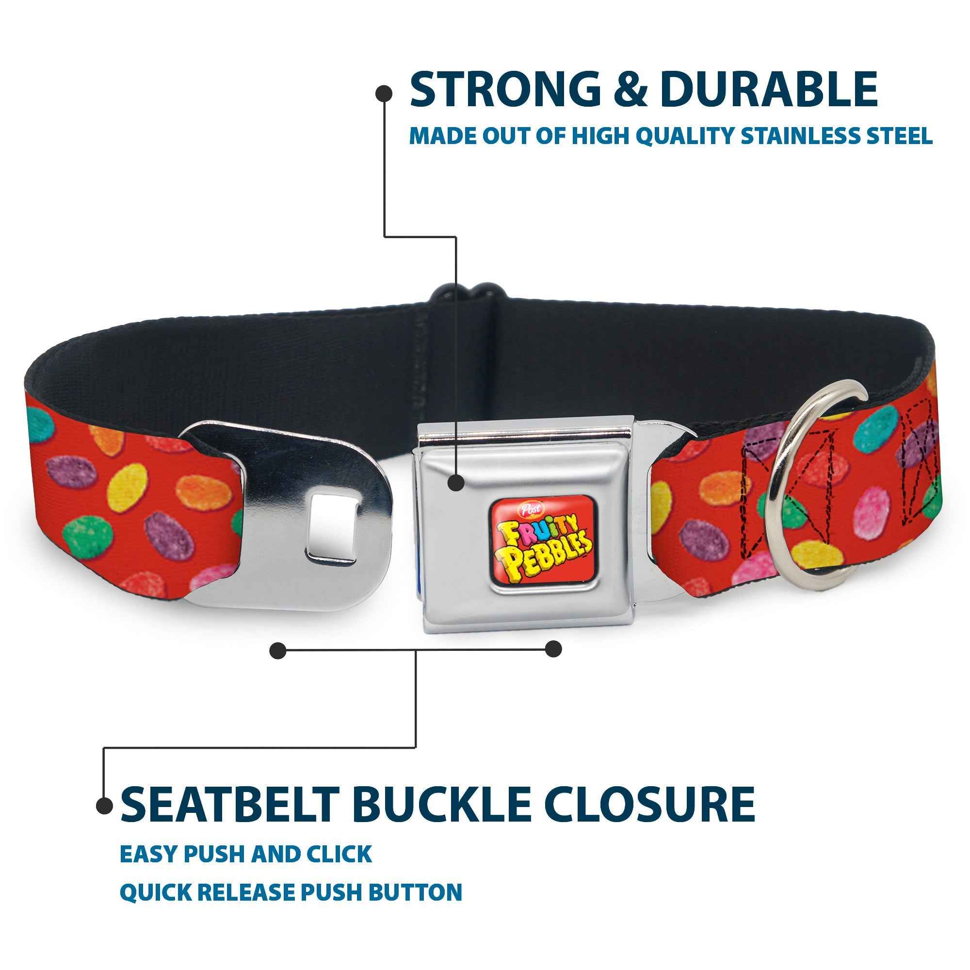 Buckle-Down Post Fruity Pebbles Logo Full Color Red/Multicolor Seatbelt Buckle Dog Collar - Fruity Pebbles Cereal Pebbles Scattered Red/Multicolor