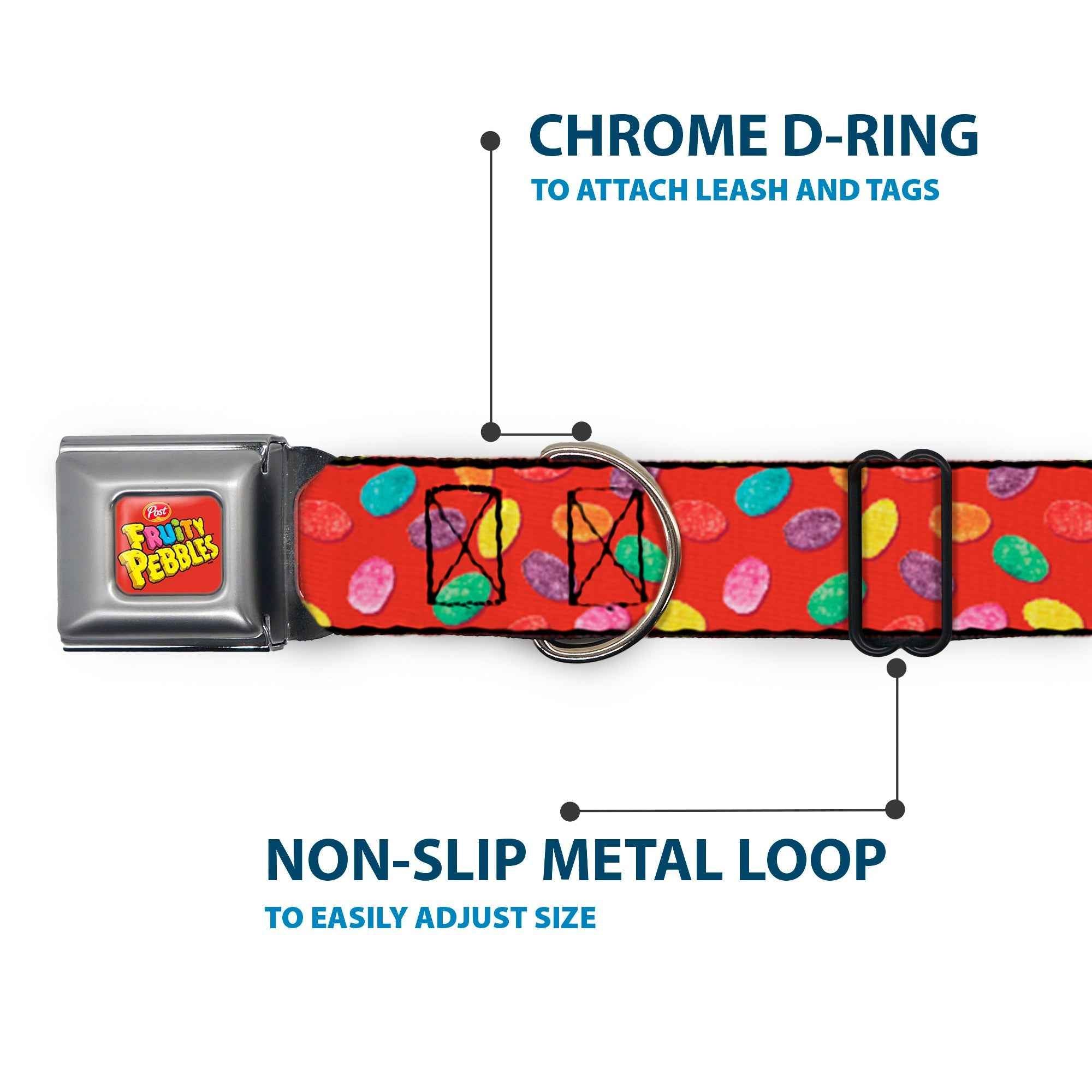 Buckle-Down Post Fruity Pebbles Logo Full Color Red/Multicolor Seatbelt Buckle Dog Collar - Fruity Pebbles Cereal Pebbles Scattered Red/Multicolor
