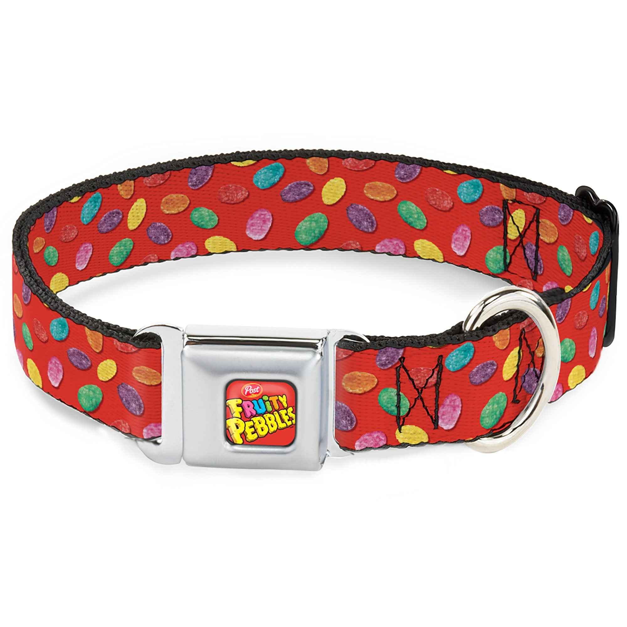 Buckle-Down Post Fruity Pebbles Logo Full Color Red/Multicolor Seatbelt Buckle Dog Collar - Fruity Pebbles Cereal Pebbles Scattered Red/Multicolor