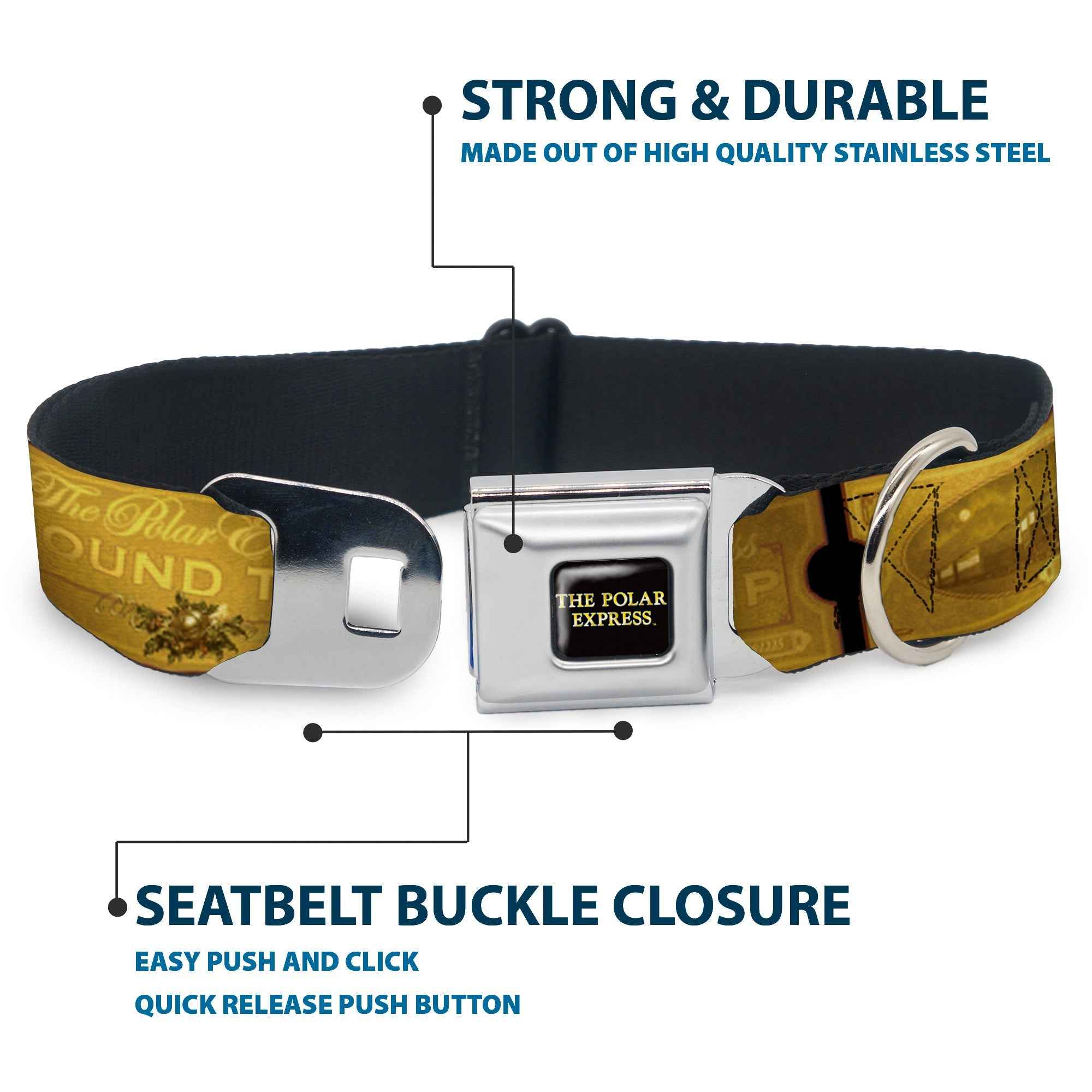 Buckle-Down The Polar Express Text Logo Full Color Black/Golds Seatbelt Buckle Dog Collar - The Polar Express Round Trip Ticket Black/Golds
