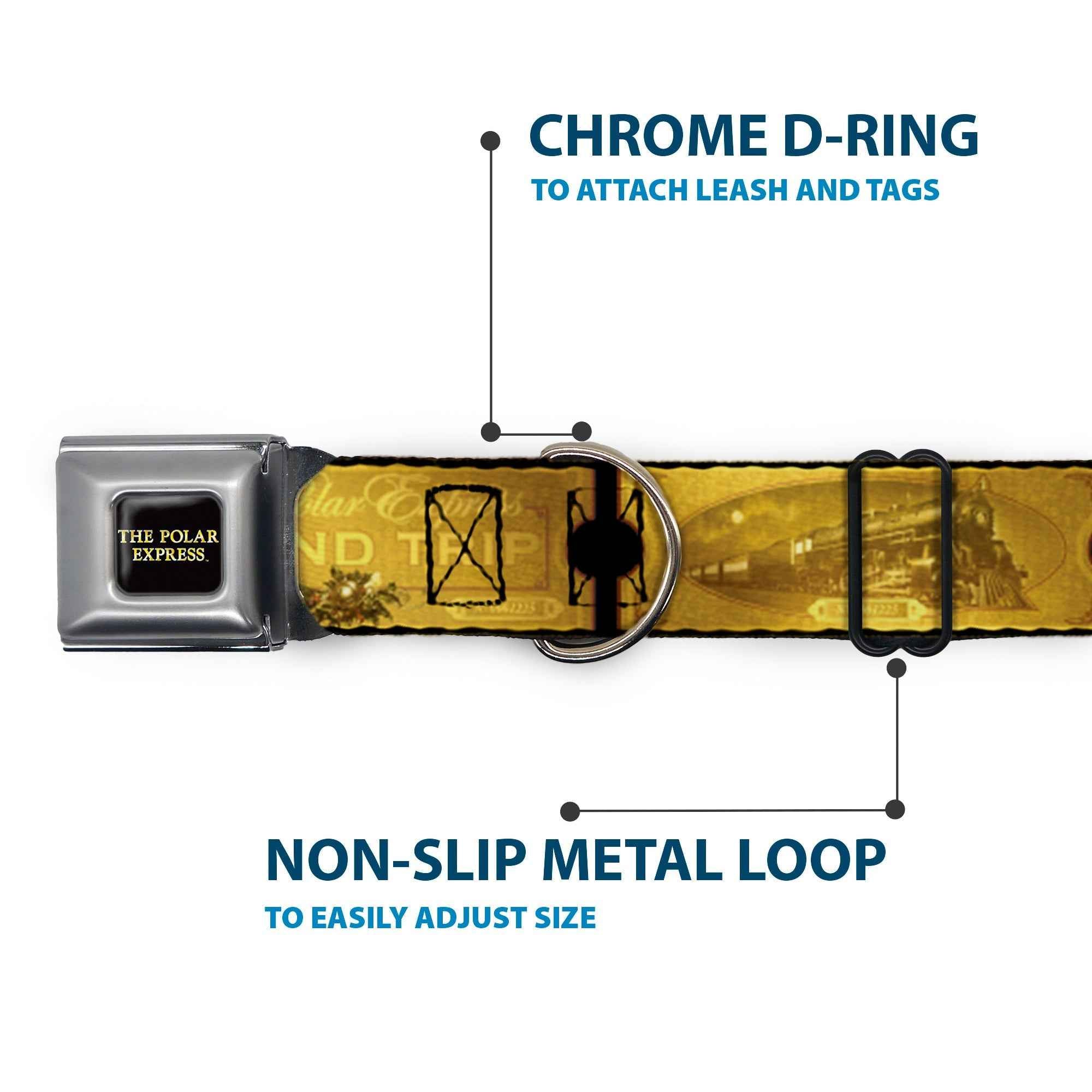 Buckle-Down The Polar Express Text Logo Full Color Black/Golds Seatbelt Buckle Dog Collar - The Polar Express Round Trip Ticket Black/Golds