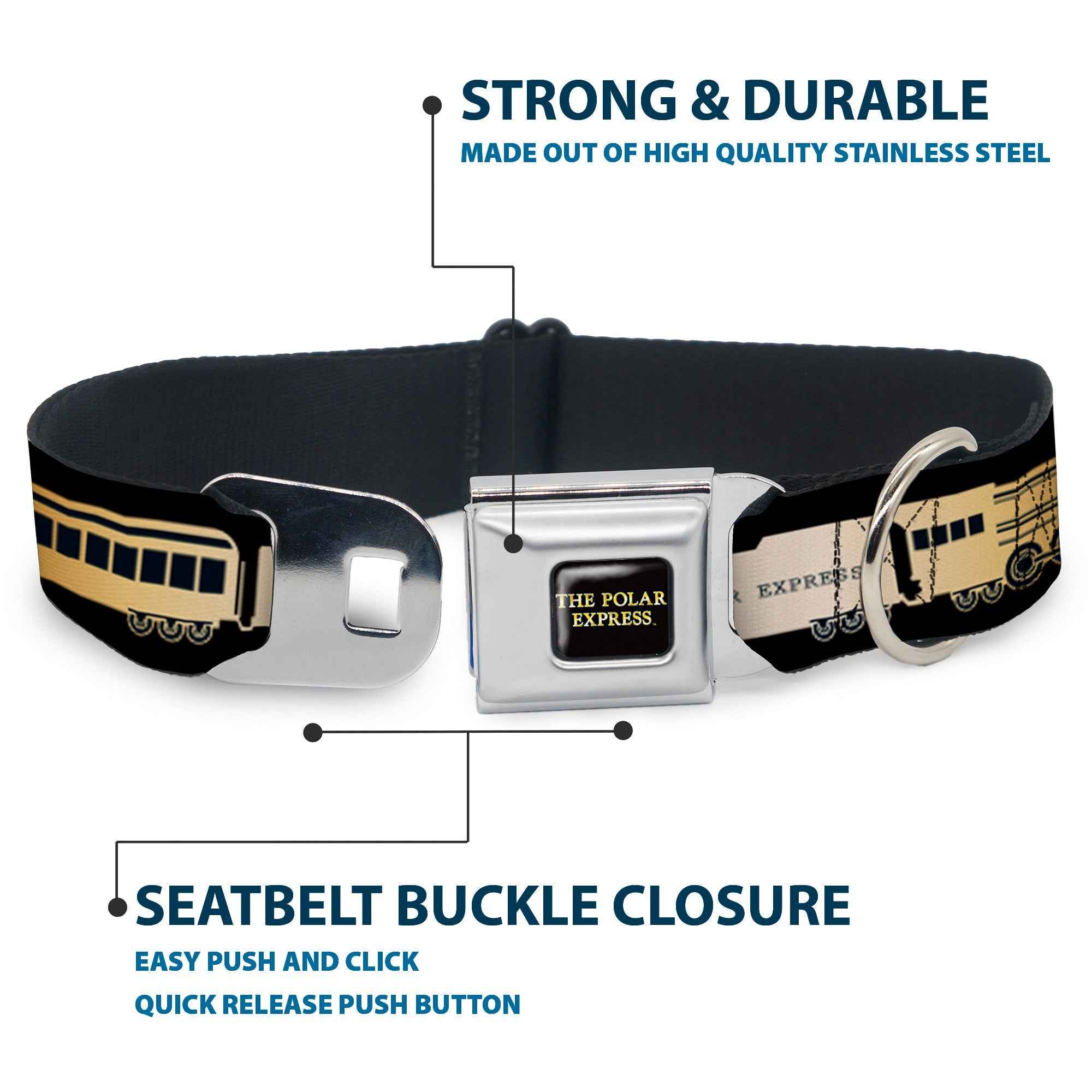 Buckle-Down The Polar Express Text Logo Full Color Black/Golds Seatbelt Buckle Dog Collar - Polar Express Train Cars Black/Golds