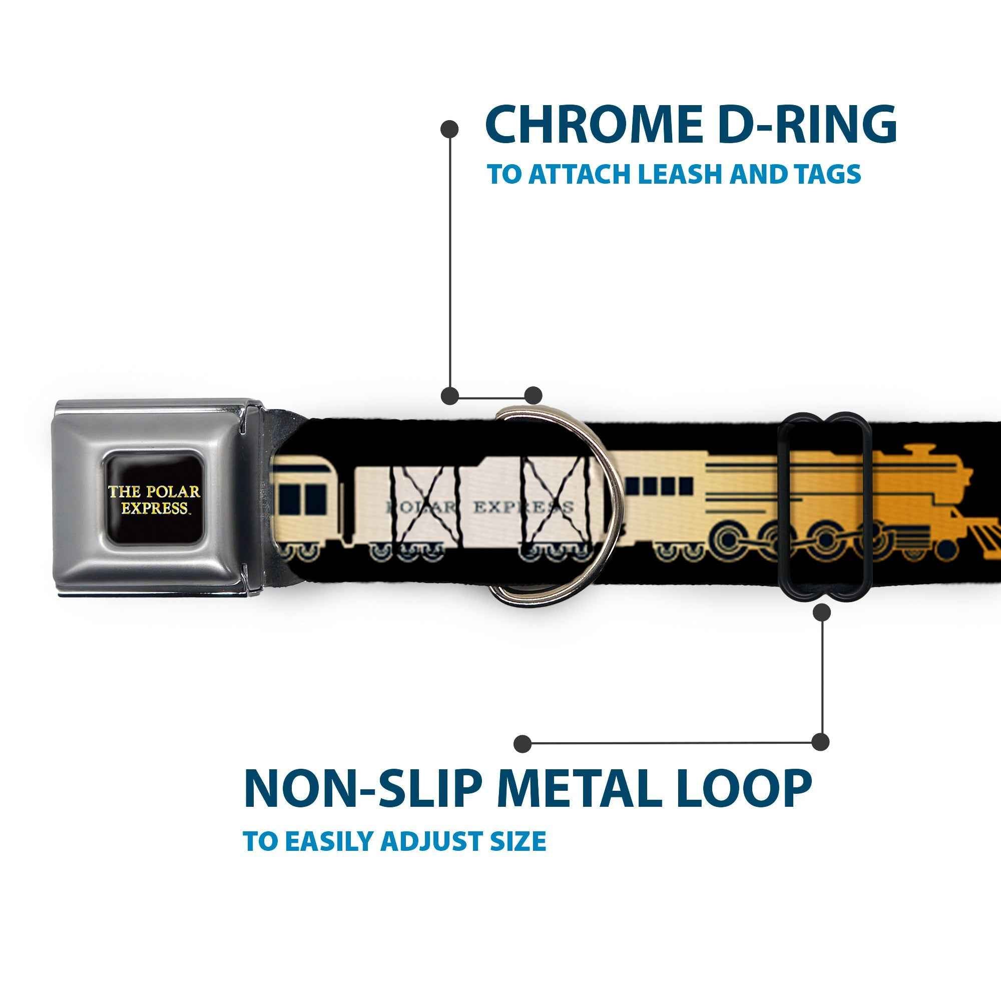 Buckle-Down The Polar Express Text Logo Full Color Black/Golds Seatbelt Buckle Dog Collar - Polar Express Train Cars Black/Golds