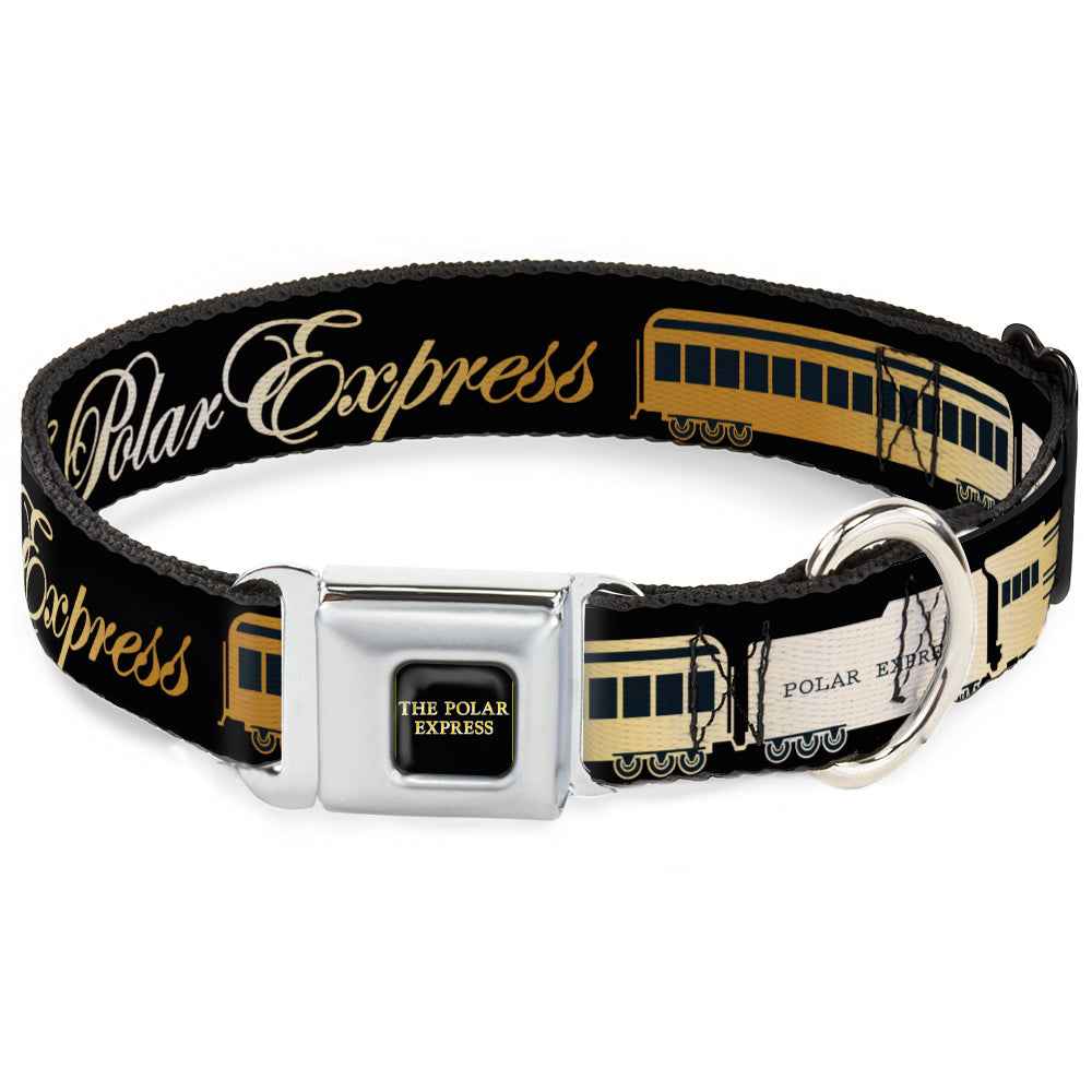 Buckle-Down The Polar Express Text Logo Full Color Black/Golds Seatbelt Buckle Dog Collar - Polar Express Train Cars Black/Golds