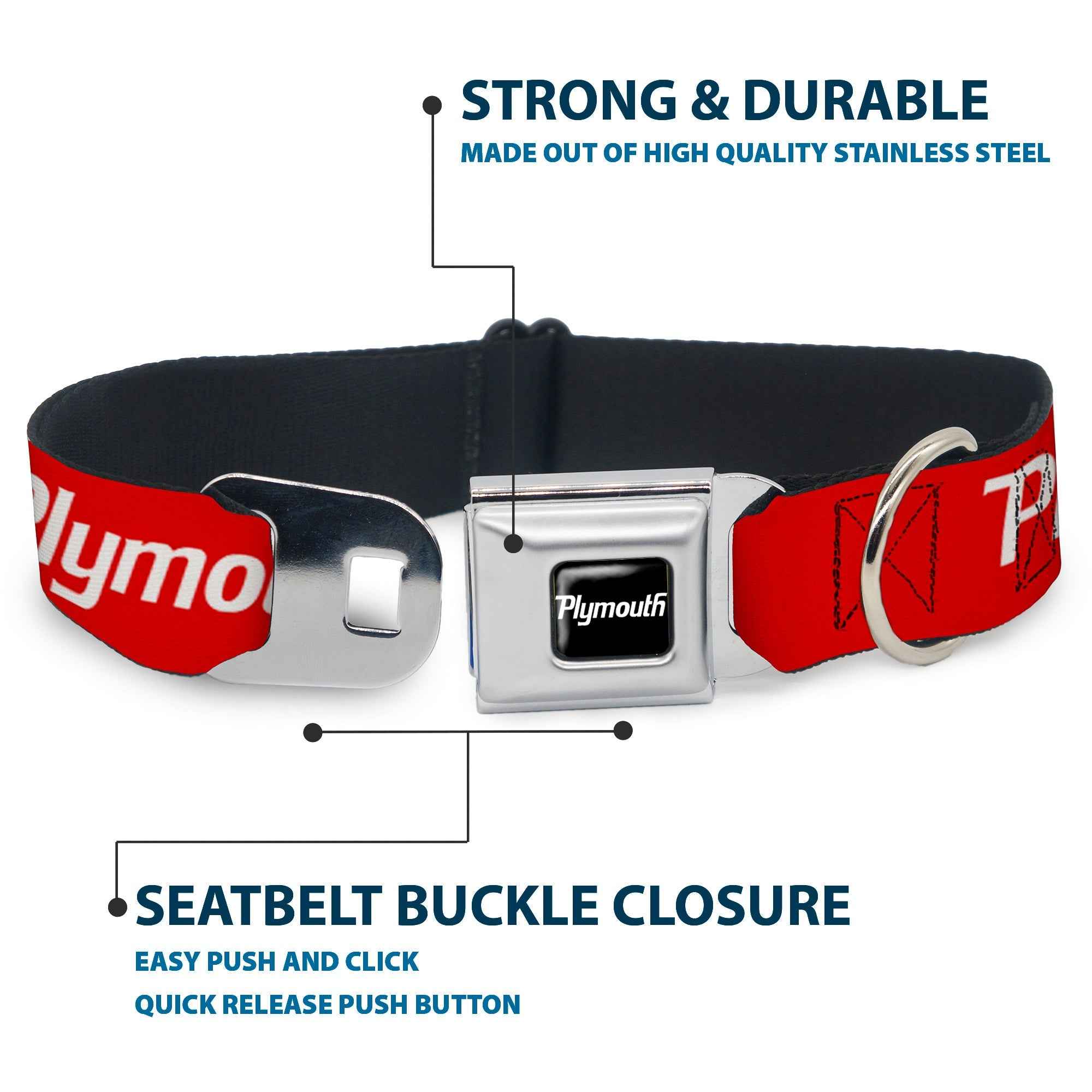 Buckle-Down Plymouth Text Logo Full Color Black/White Seatbelt Buckle Dog Collar - Plymouth Text Logo Red/White