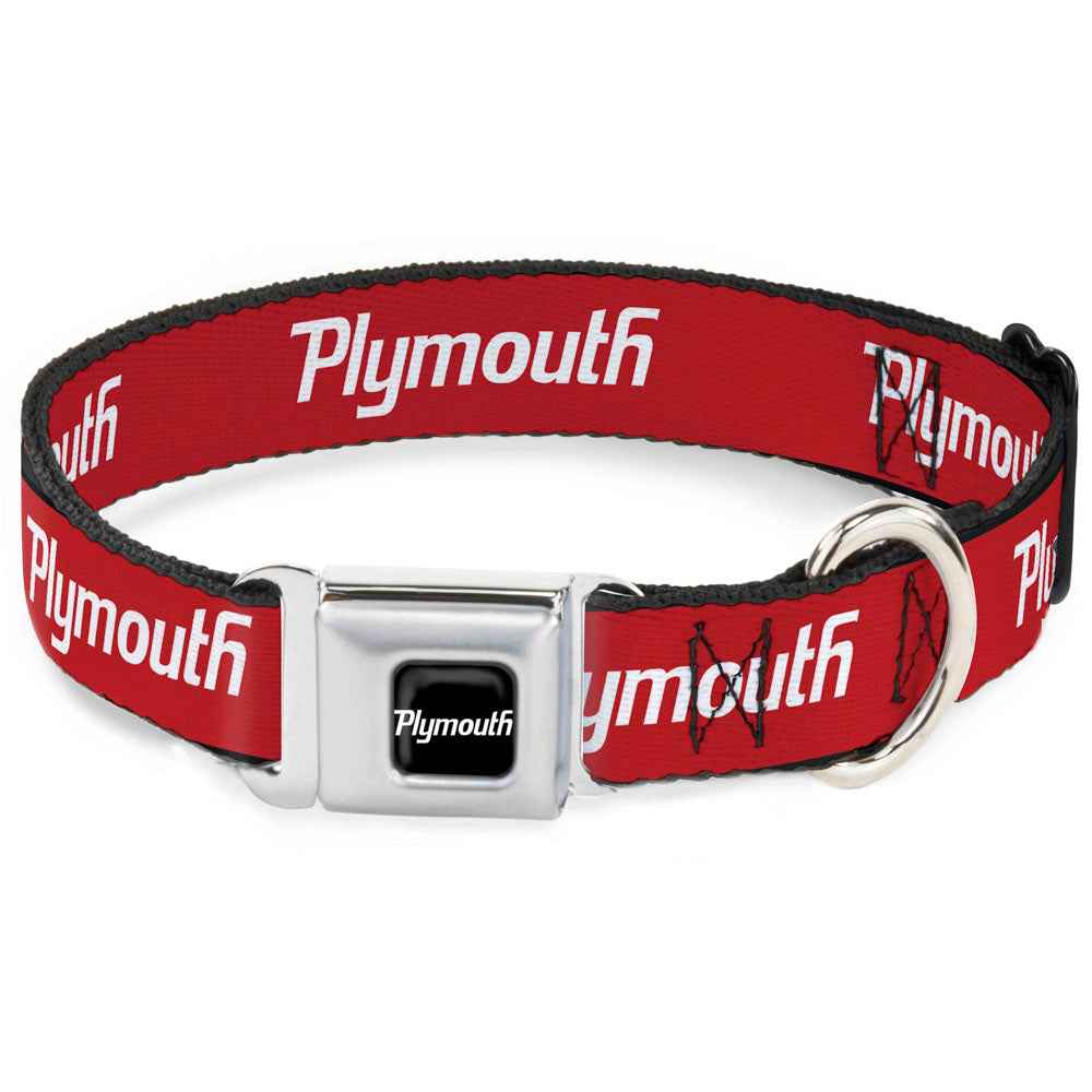 Buckle-Down Plymouth Text Logo Full Color Black/White Seatbelt Buckle Dog Collar - Plymouth Text Logo Red/White