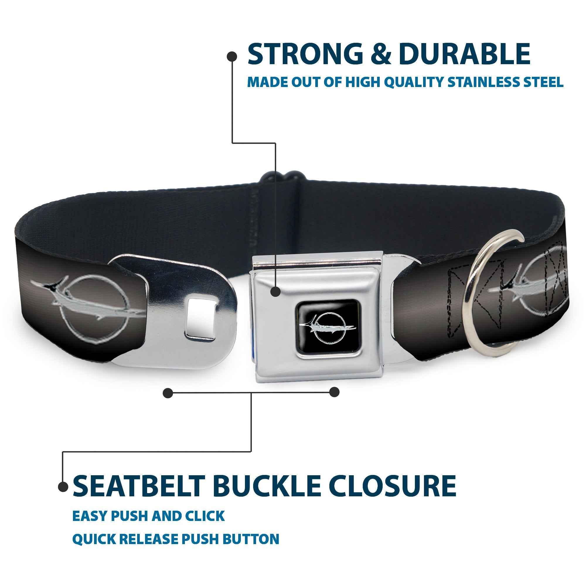 Buckle-Down Barracuda Emblem Full Color Black/Silver Seatbelt Buckle Dog Collar - Barracuda Emblem Repeat Gray Fade/Silver