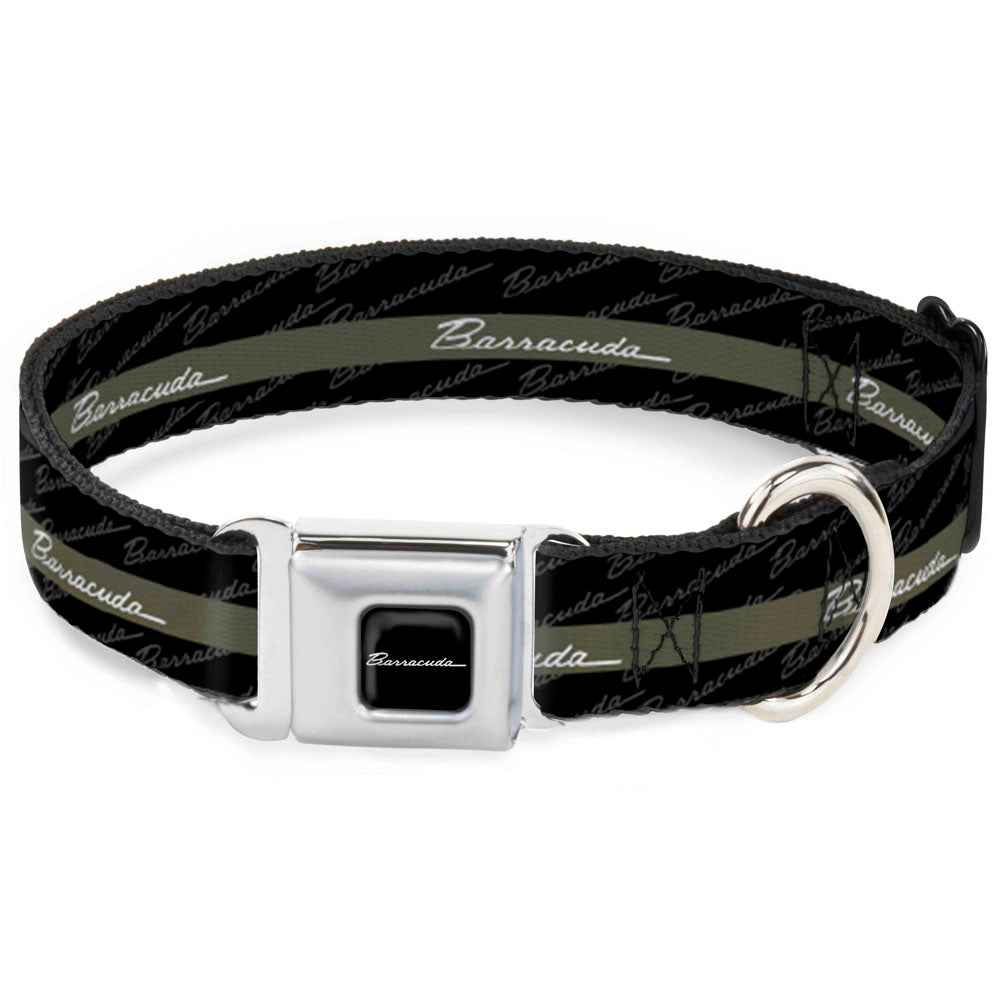 Buckle-Down Barracuda Script Logo Full Color Black/White Seatbelt Buckle Dog Collar - Barracuda Script Stripe/Monogram Black/Gray/Olive/Silver