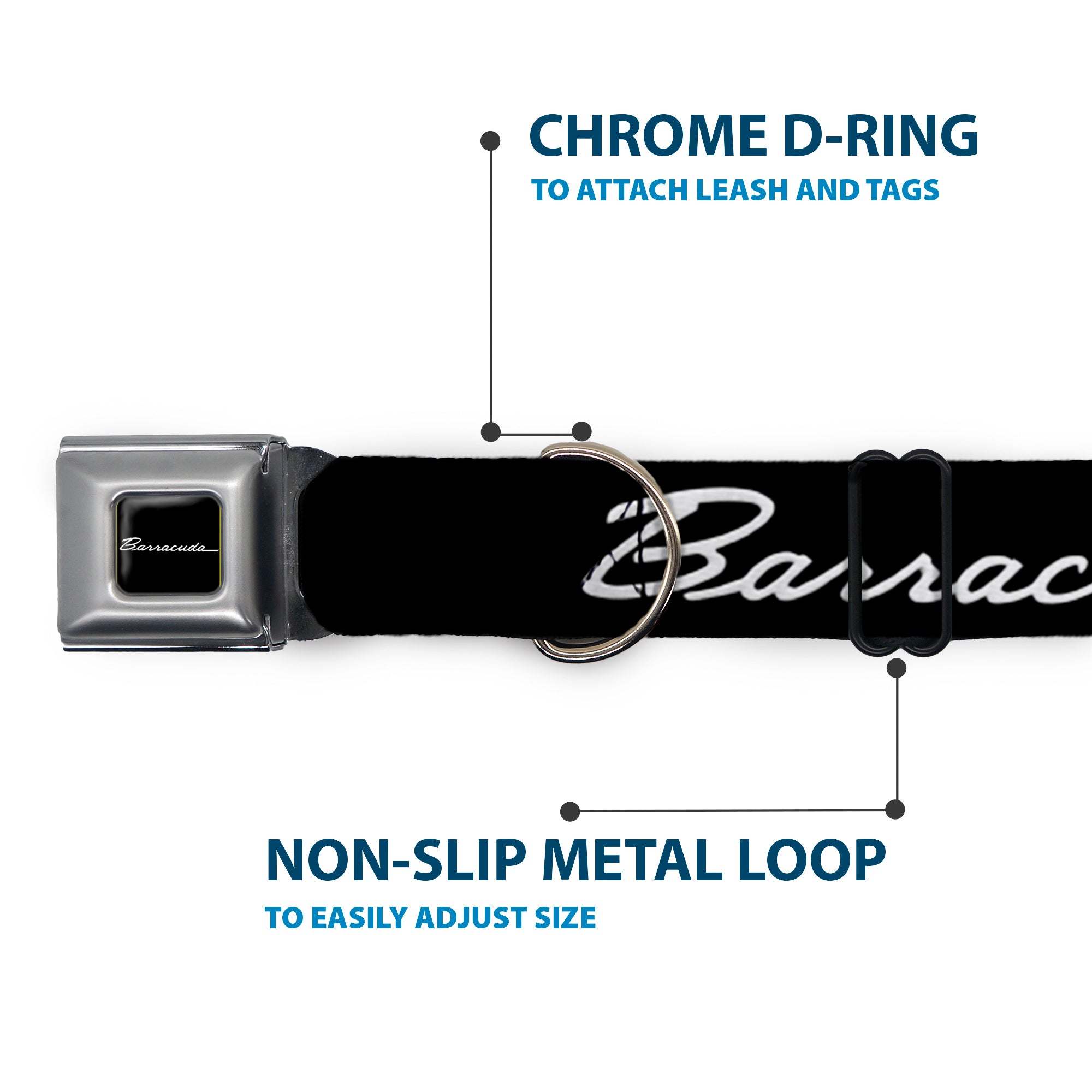 Buckle-Down Barracuda Script Logo Full Color Black/White Seatbelt Buckle Dog Collar - Barracuda Script Logo Black/Silver