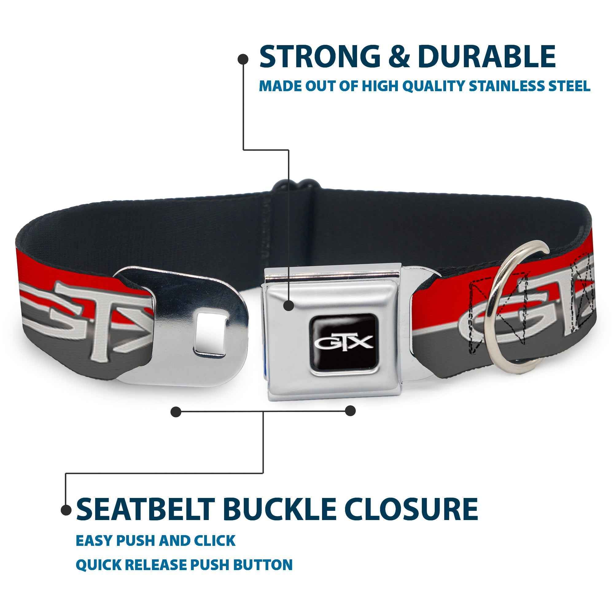 Buckle-Down Plymouth Gtx Emblem Full Color Black/Silver Fade/White Seatbelt Buckle Dog Collar - Plymouth Gtx Emblem/Stripe Red/White/Grays