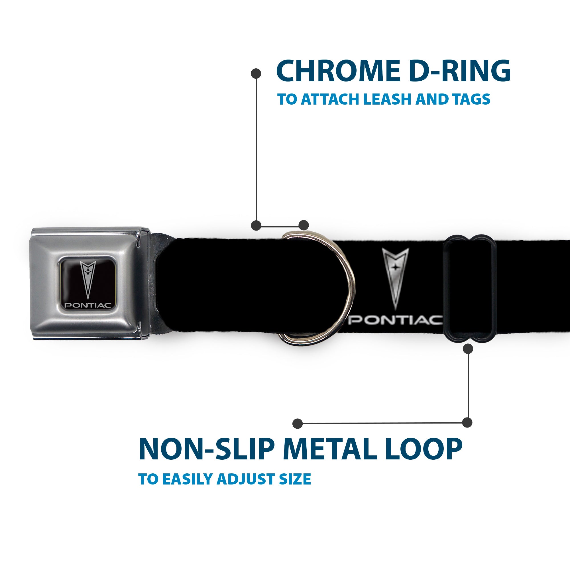 Buckle-Down Pontiac Black/Silver Seatbelt Buckle Dog Collar - Pontiac Black/Silver Logo Repeat