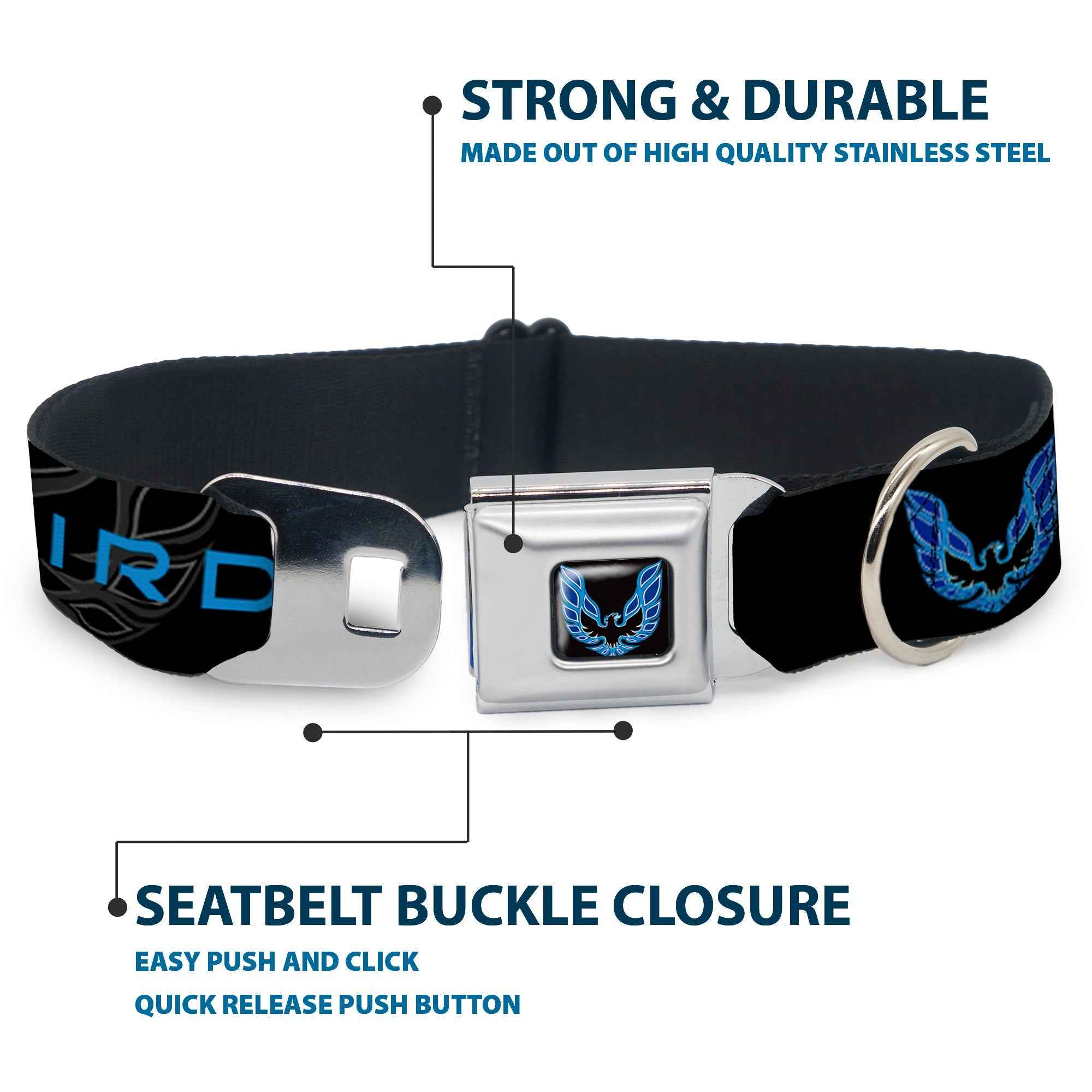 Buckle-Down Pontiac Firebird Logo Black/Blues Seatbelt Buckle Dog Collar - Pontiac Firebird/Logo Black/Grays/Blues