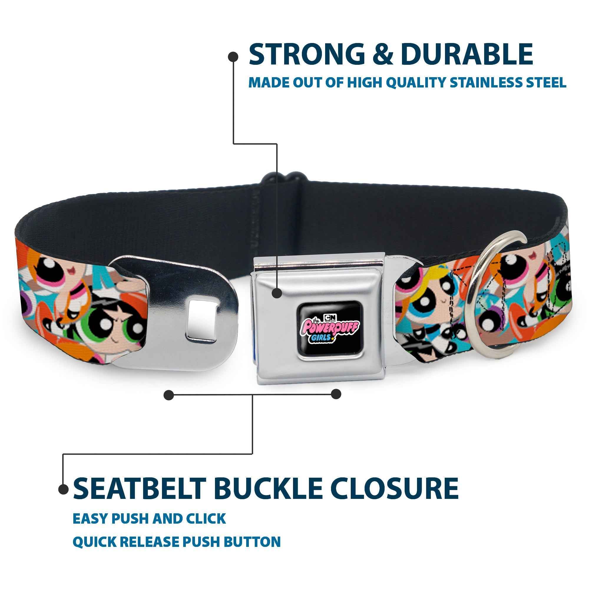 Buckle-Down The Powerpuff Girls Animated Series Title Logo Full Color Black Seatbelt Buckle Dog Collar - The Powerpuff Girls Expressions Stacked