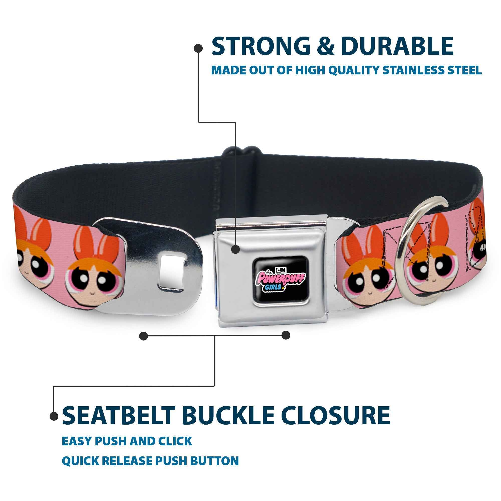 Buckle-Down The Powerpuff Girls Animated Series Title Logo Black & Blossom Face Close-Up Pink Seatbelt Buckle Dog Collar